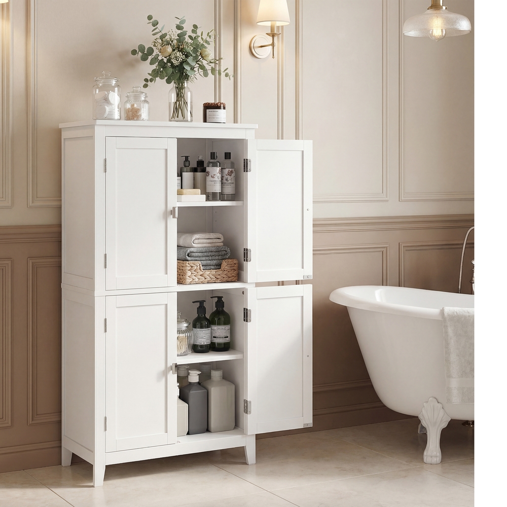 Freestanding Bathroom Storage Cabinet, Bathroom Organiser with Doors, Adjustable Shelves, White Freestanding Bathroom Storage Cabinet, Bathroom Organiser with Doors, Adjustable Shelves, White