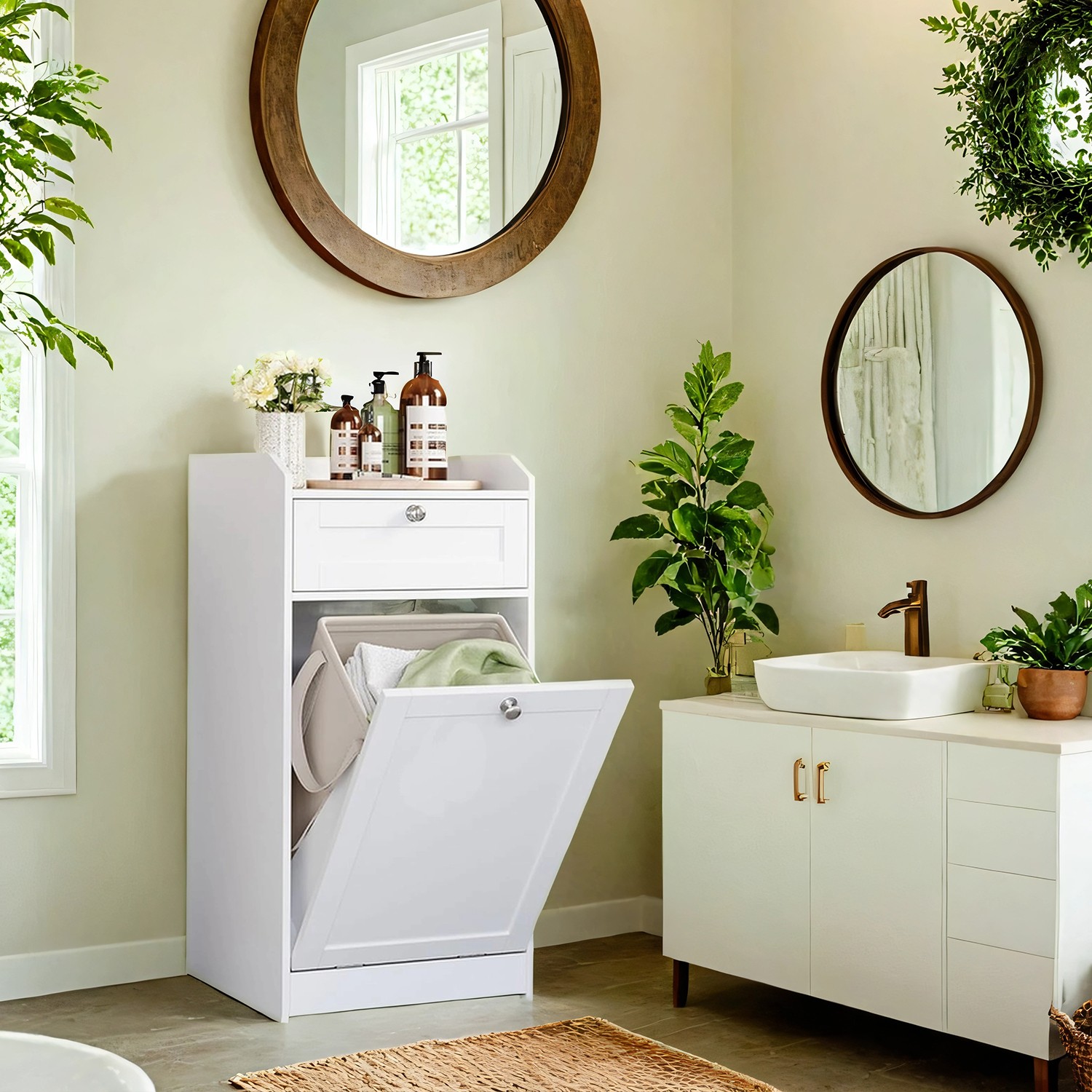 Bathroom Cabinet with Removable Laundry Basket, Bathroom Storage Unit with 1 Drawer and 1 Laundry Hamper, White Bathroom Cabinet with Removable Laundry Basket, Bathroom Storage Unit with 1 Drawer and 1 Laundry Hamper, White