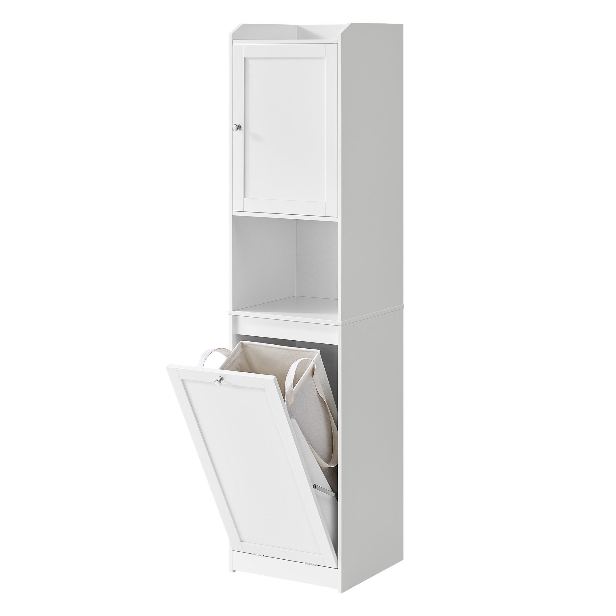 White Tall Bathroom Storage Cabinet with Removable Laundry Hamper, Freestanding Slim Organizer, for Small Spaces