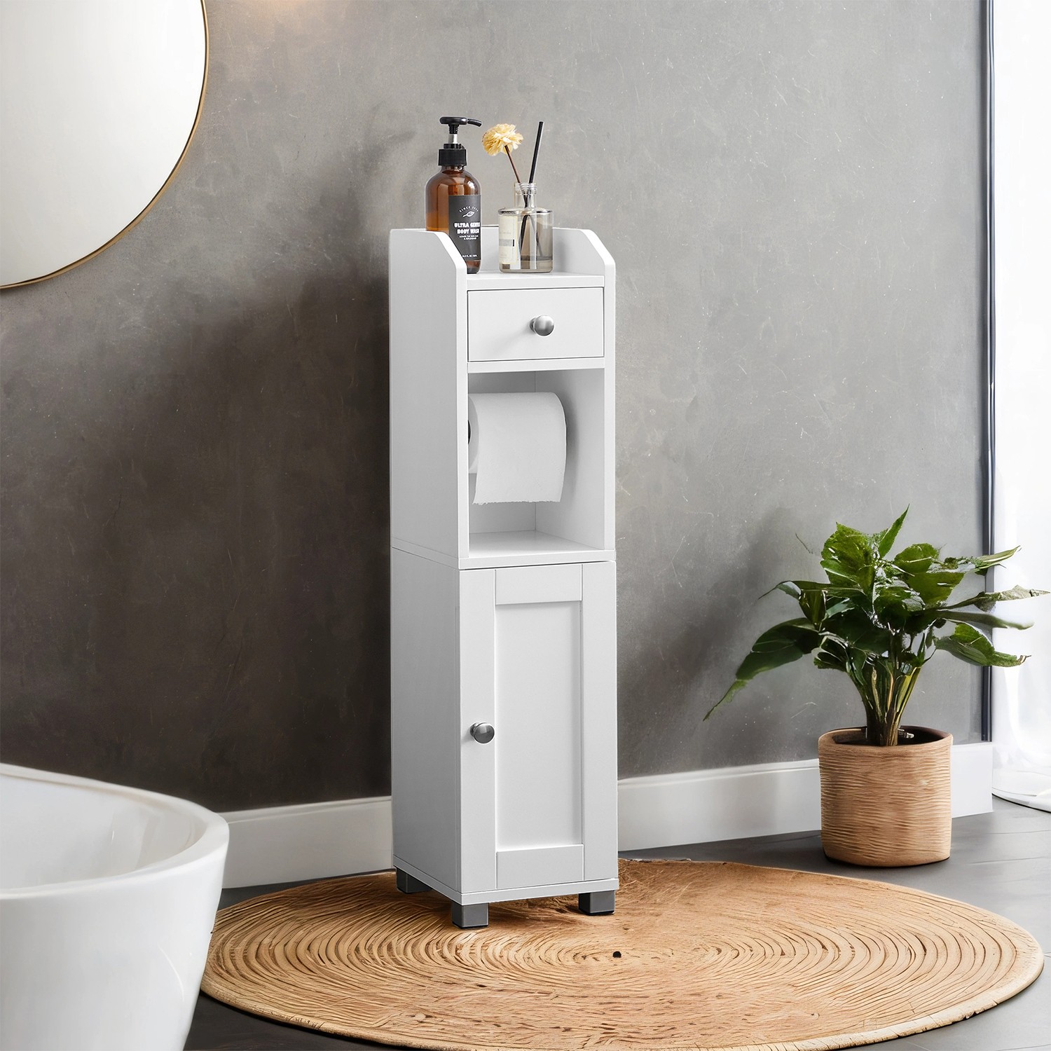 Toilet Paper Holder with Storage Cabinet, Small Bathroom Storage Unit, Bathroom Organiser with Adjustable Shelf