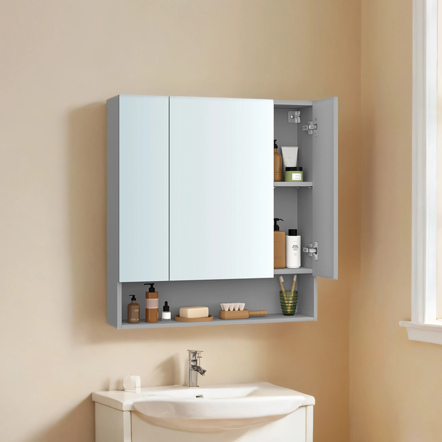 Wall Mirror Cabinet, Bathroom Mirror Cabinet, Bathroom Storage Cabinet with Mirror, Adjustable Shelves, Grey