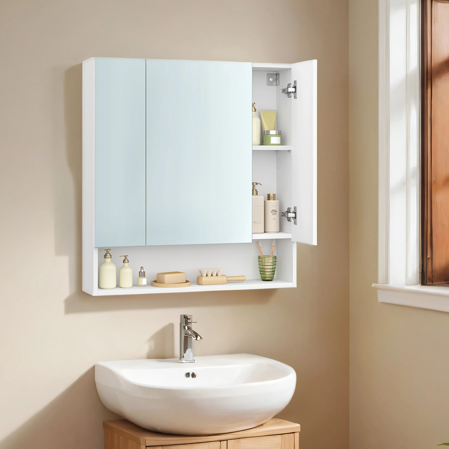 Wall Mirror Cabinet, Bathroom Mirror Cabinet, Bathroom Storage Cabinet with Mirror, Adjustable Shelves, White