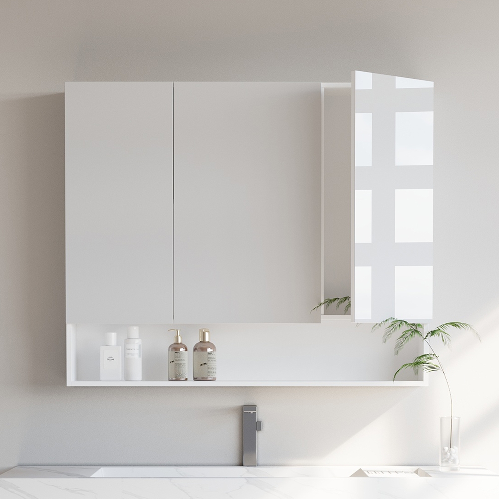 Wall-Mounted Mirror Cabinet with Adjustable Shelving, Open Shelf, Modern Bathroom Storage Cabinet, White Wall-Mounted Mirror Cabinet with Adjustable Shelving, Open Shelf, Modern Bathroom Storage Cabinet, White