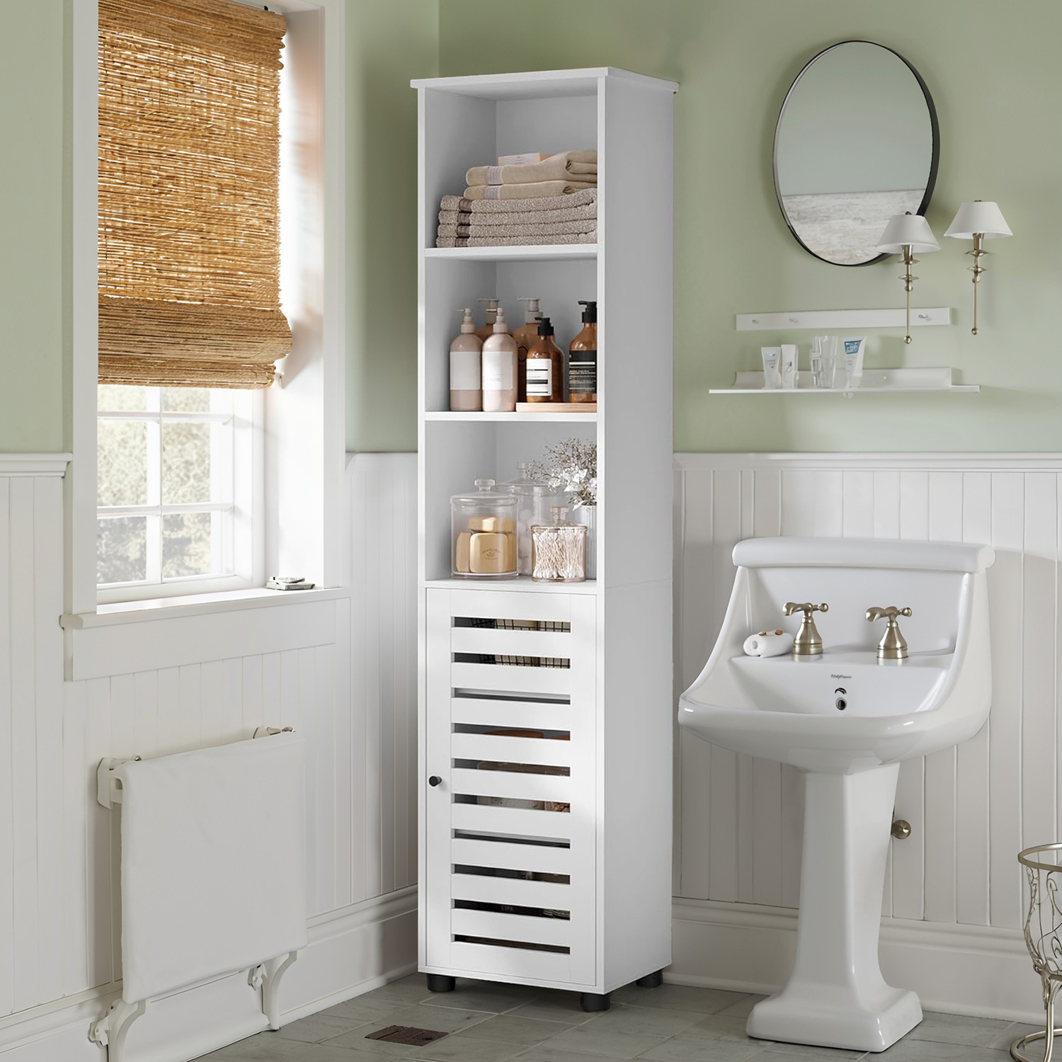 Tall Bathroom Storage Cabinet Unit, Bathroom Floor Cabinet, with 3 Open Compartments and 2 Adjustable Shelves
