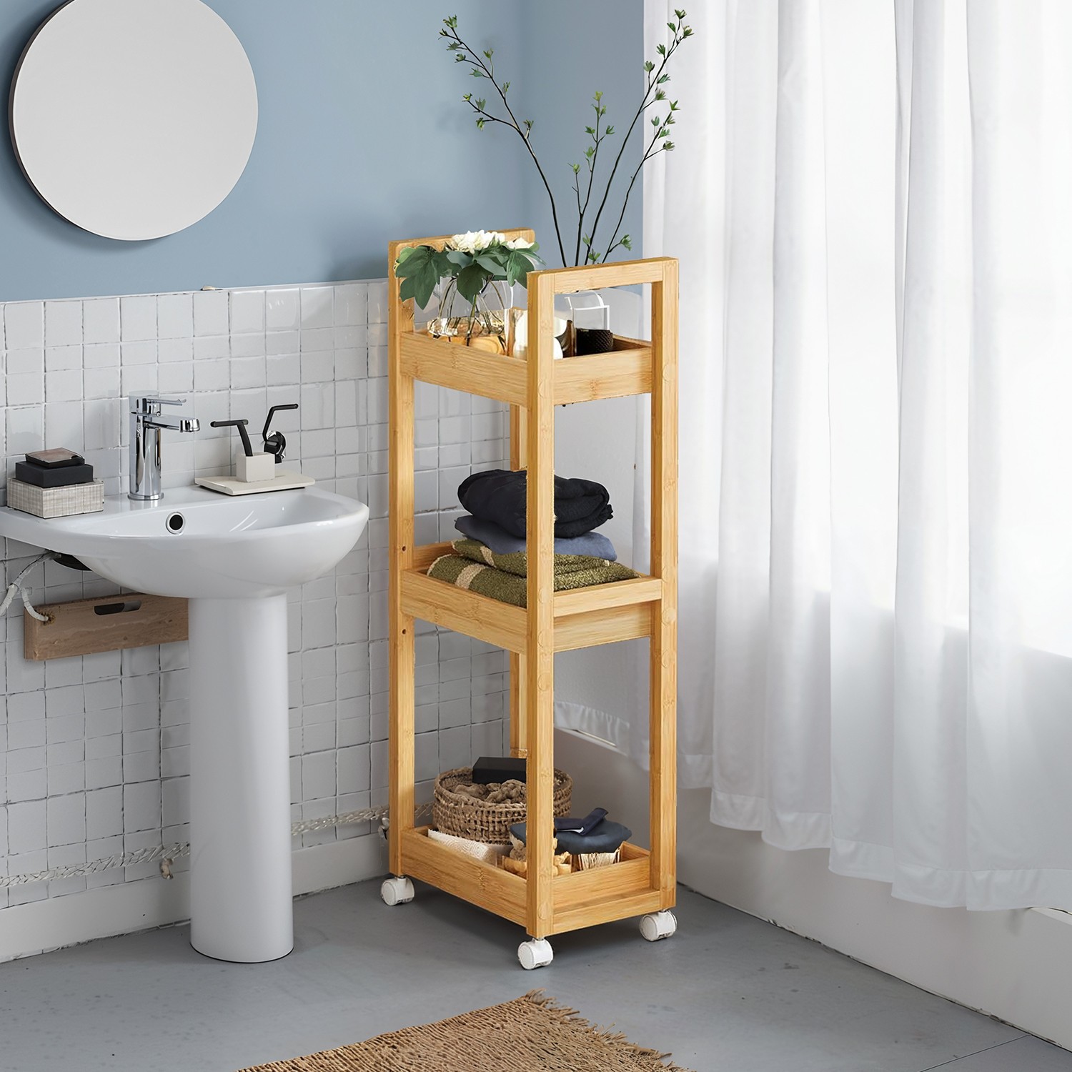 Space-Saving Bathroom Trolley, Slim Bathroom Shelf, 3-Tier Storage Trolley on Wheels