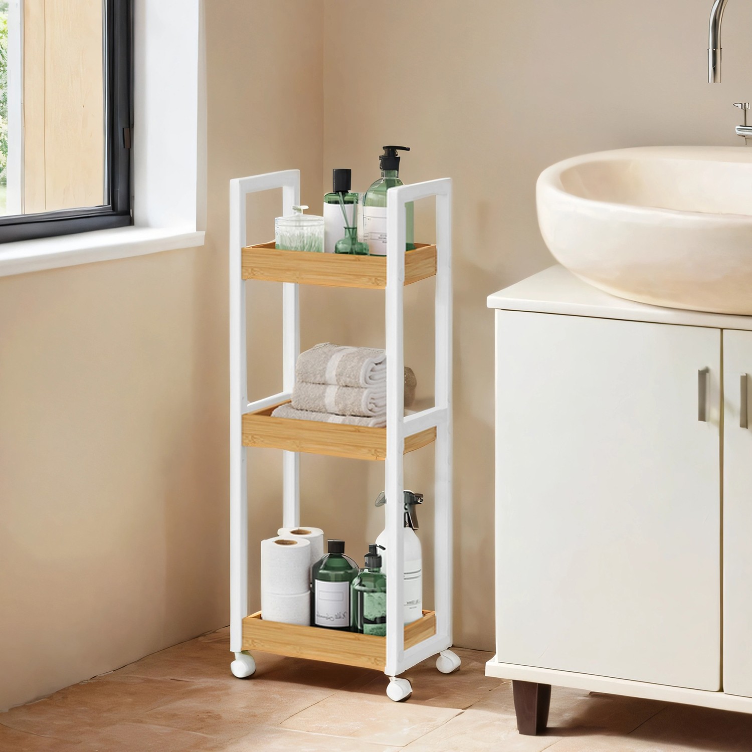 Space-Saving Bathroom Trolley, Slim Bathroom Shelf, 3-Tier Storage Trolley on Wheels