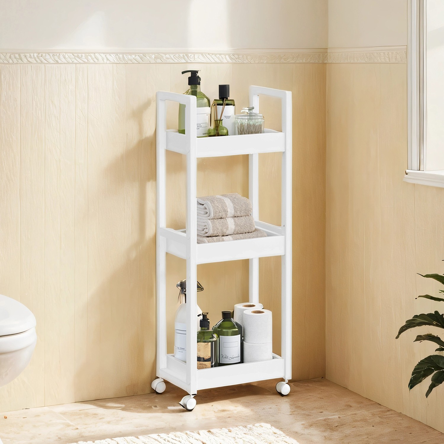 Space-Saving Bathroom Trolley, Slim Bathroom Shelf, 3-Tier Storage Trolley on Wheels