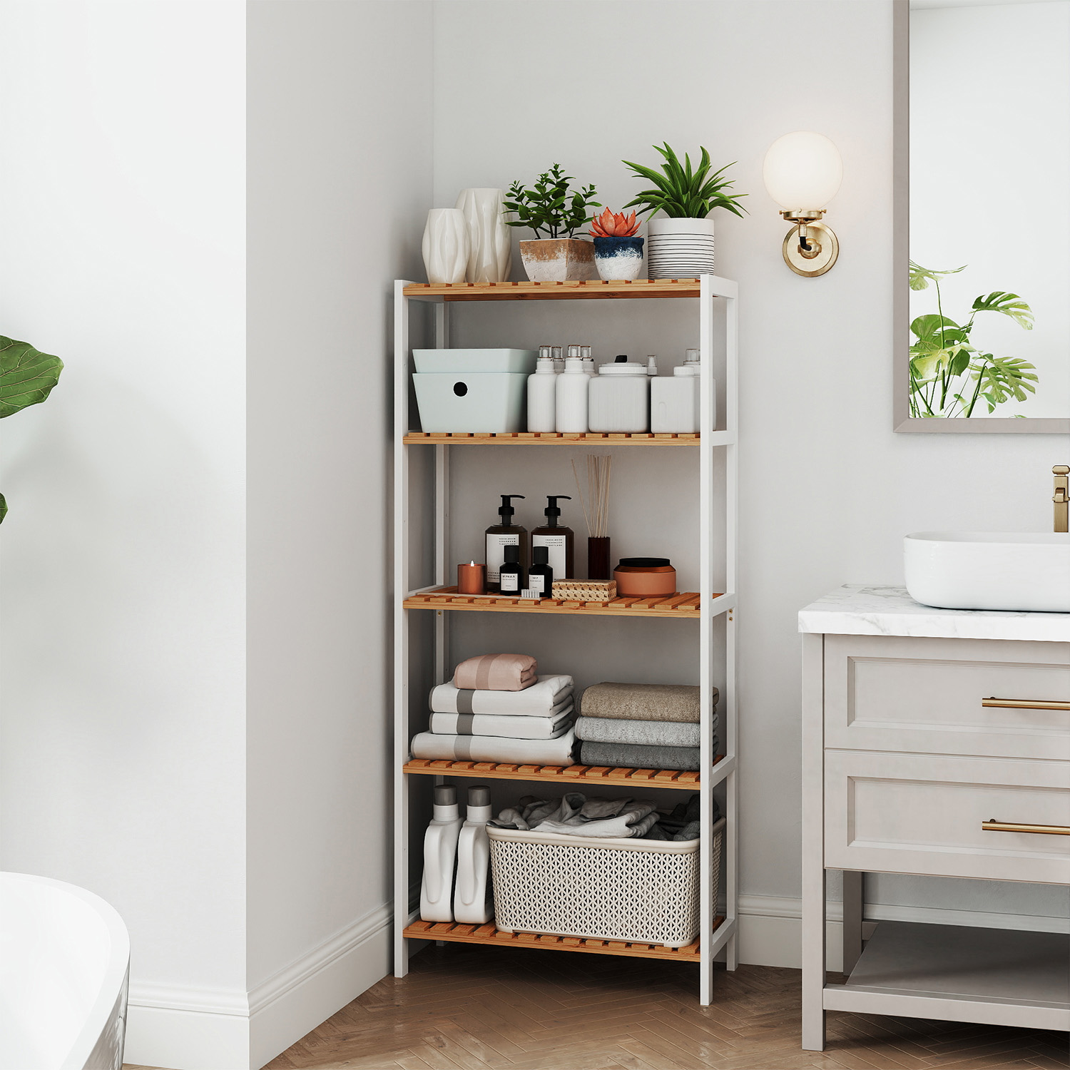 5-Tier Bamboo Storage Shelf, Shelving Unit, Multifunctional