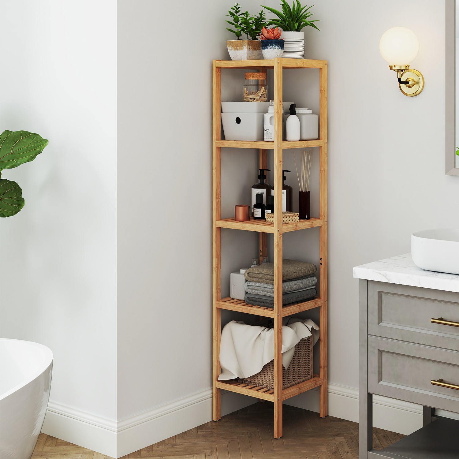 Bamboo Bathroom Shelf, 5-Tier Freestanding Narrow Shelf Unit, Multifunctional Storage Shelf Bamboo Bathroom Shelf, 5-Tier Freestanding Narrow Shelf Unit, Multifunctional Storage Shelf