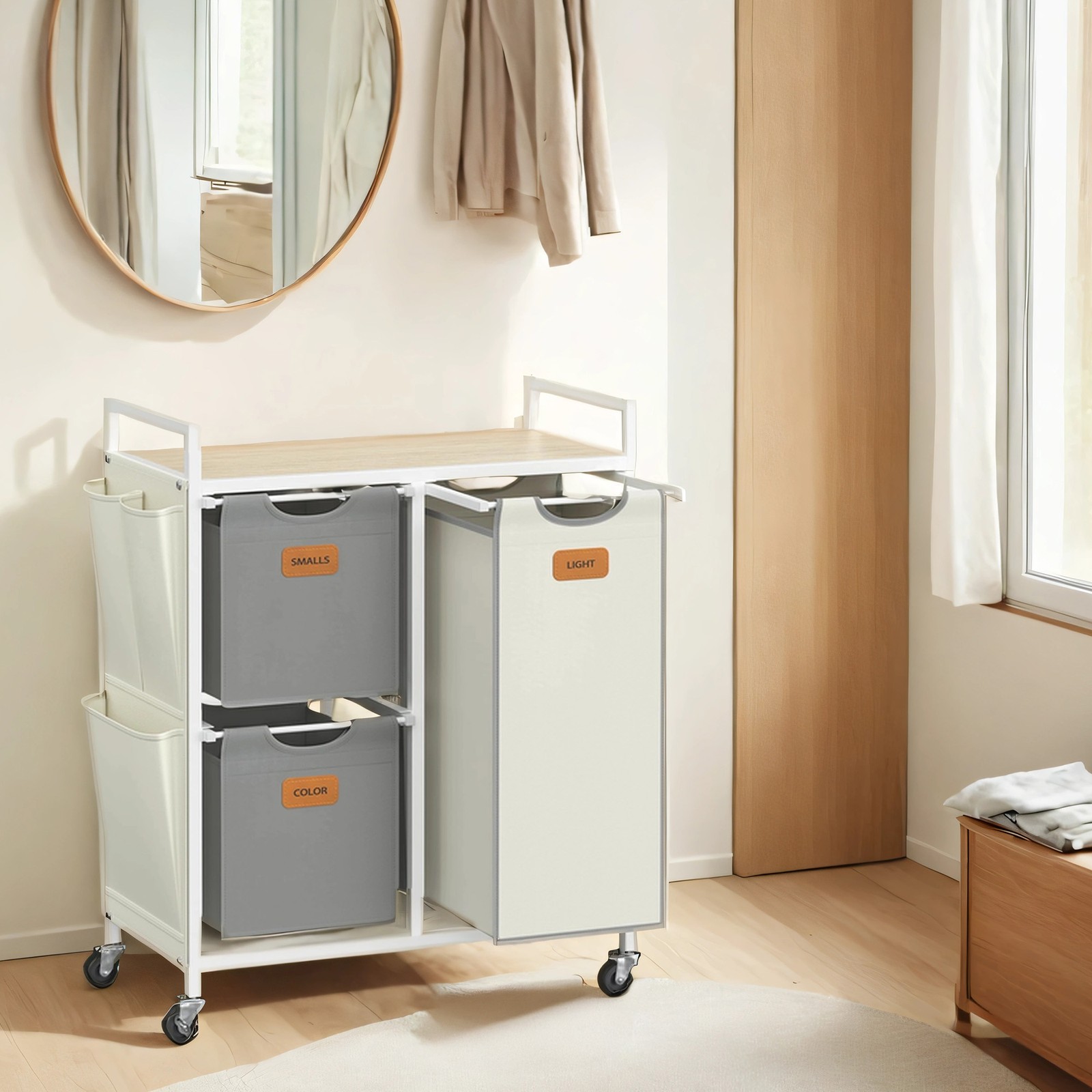 3-Compartment Laundry Hamper, 100 L Laundry Cart with Shelves, Natural Beige