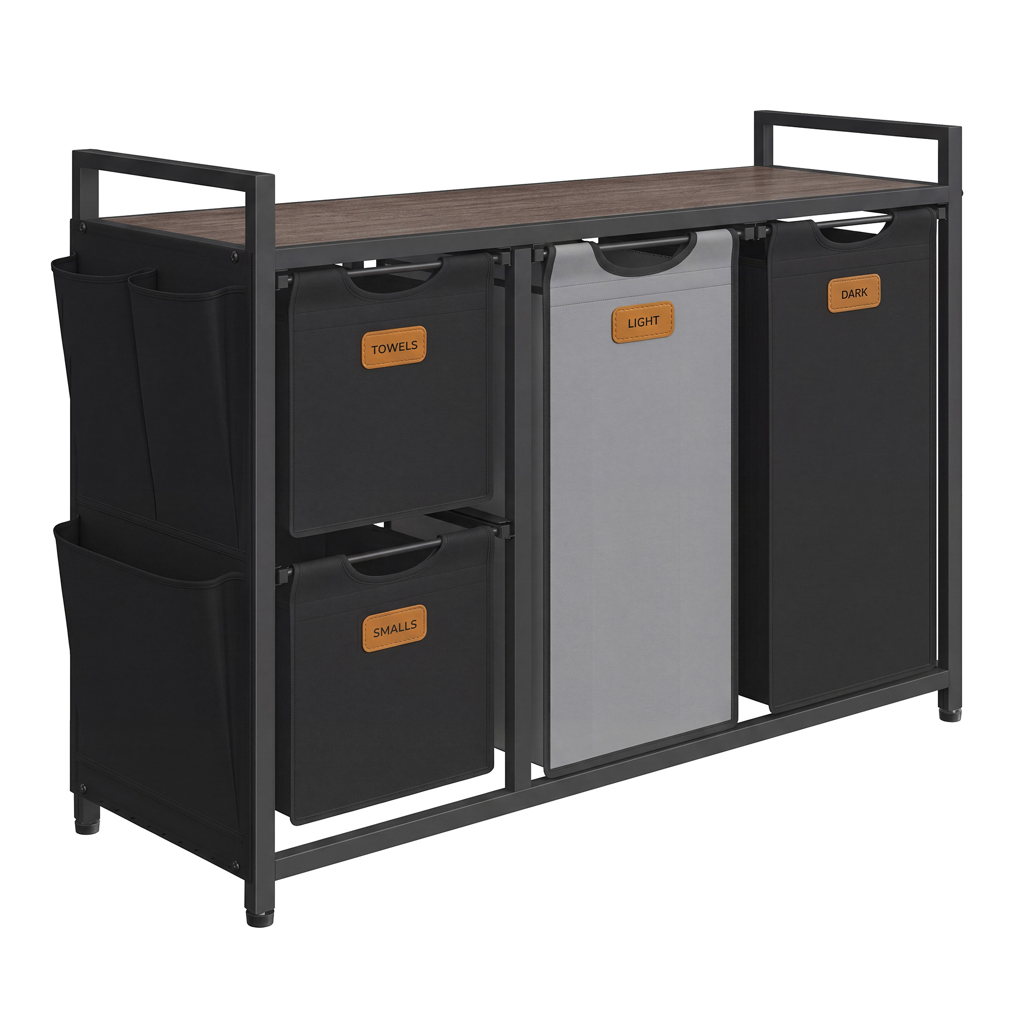 4 Compartment Laundry Sorter with Shelves, Rolling Laundry Cart, Chestnut Brown