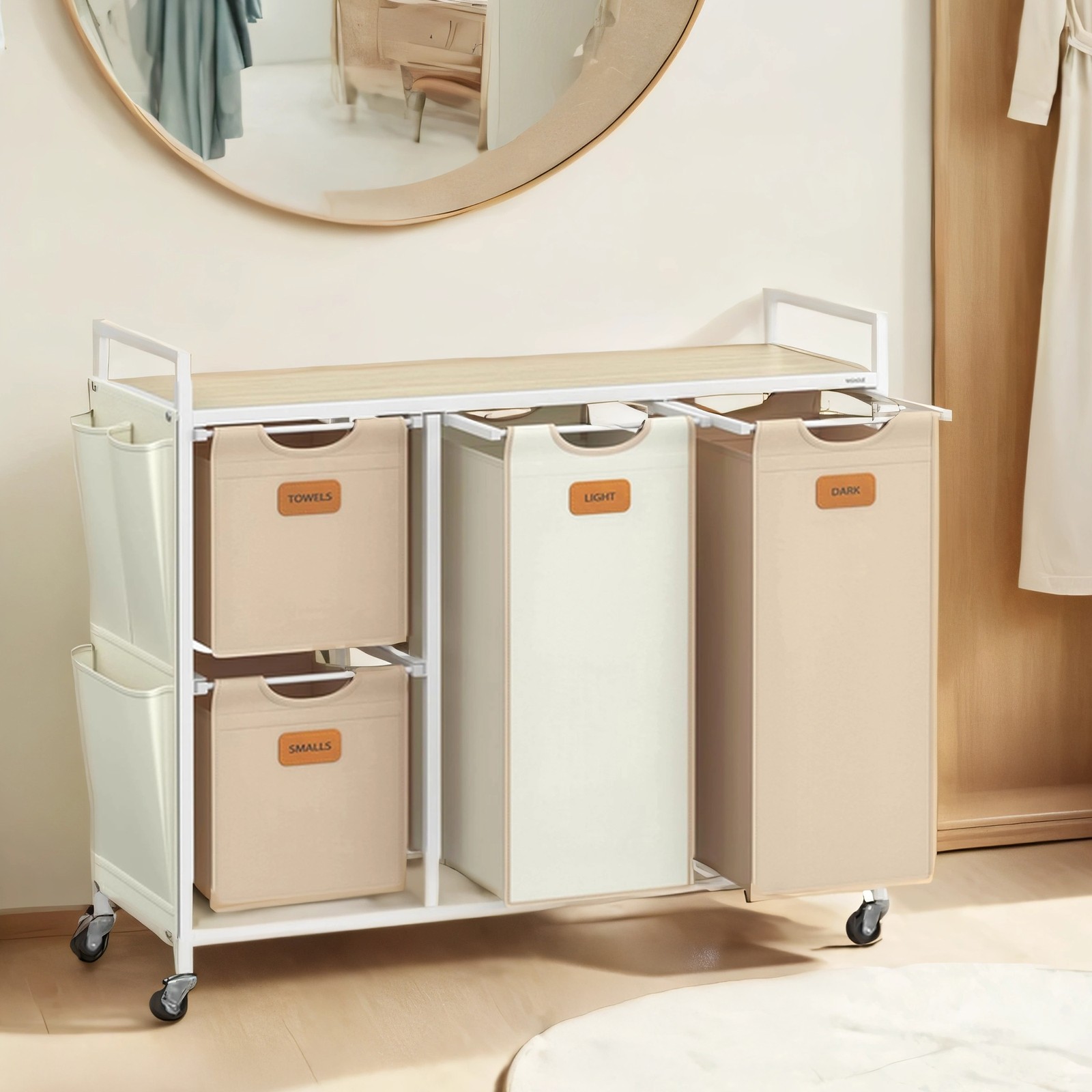 4-Compartment Laundry Sorter, Rolling Cart with Removable Bags, Camel Brown and Cream White