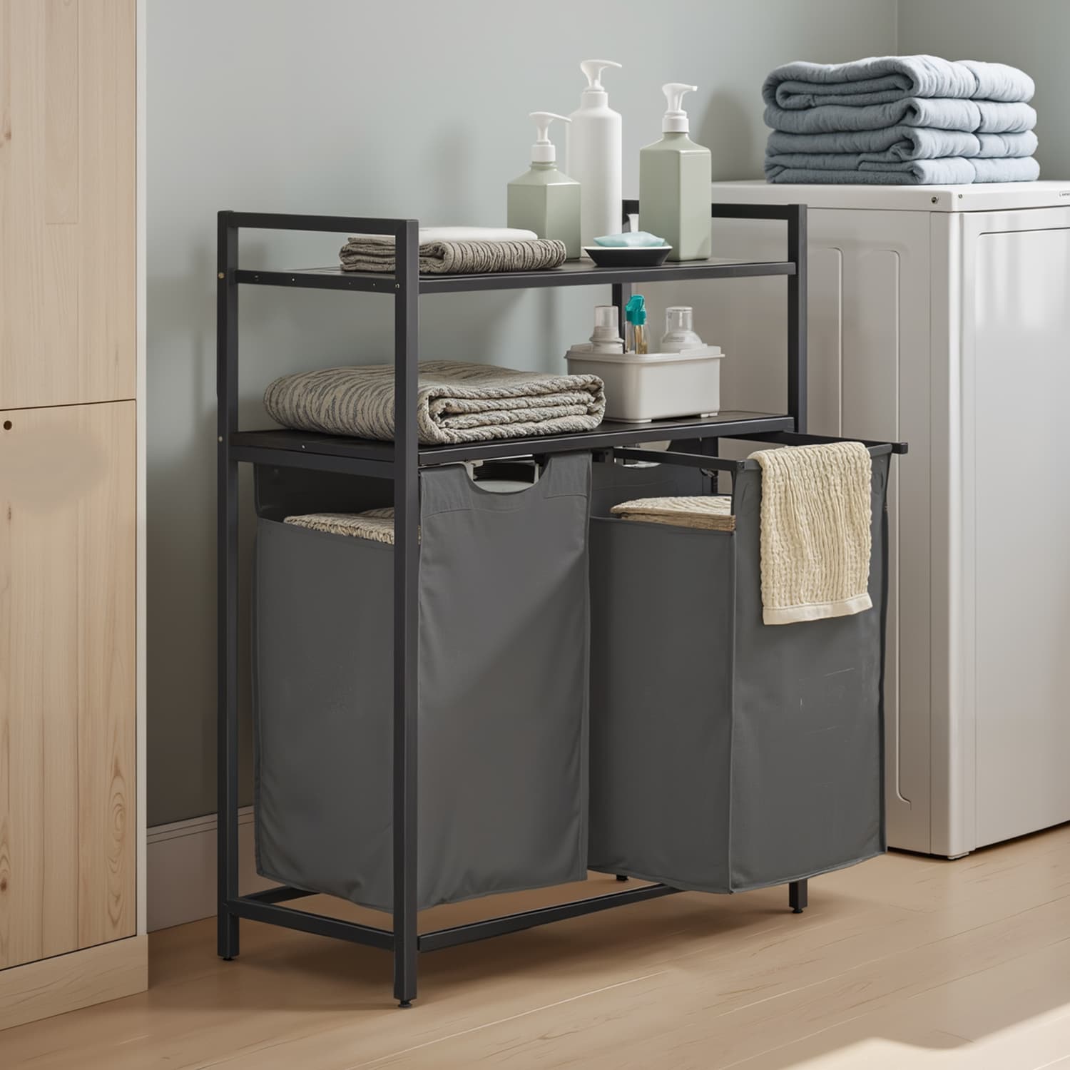 Laundry Hamper, Laundry Sorter with 2 Pull-Out Bags, 2 Shelves Laundry Hamper, Laundry Sorter with 2 Pull-Out Bags, 2 Shelves