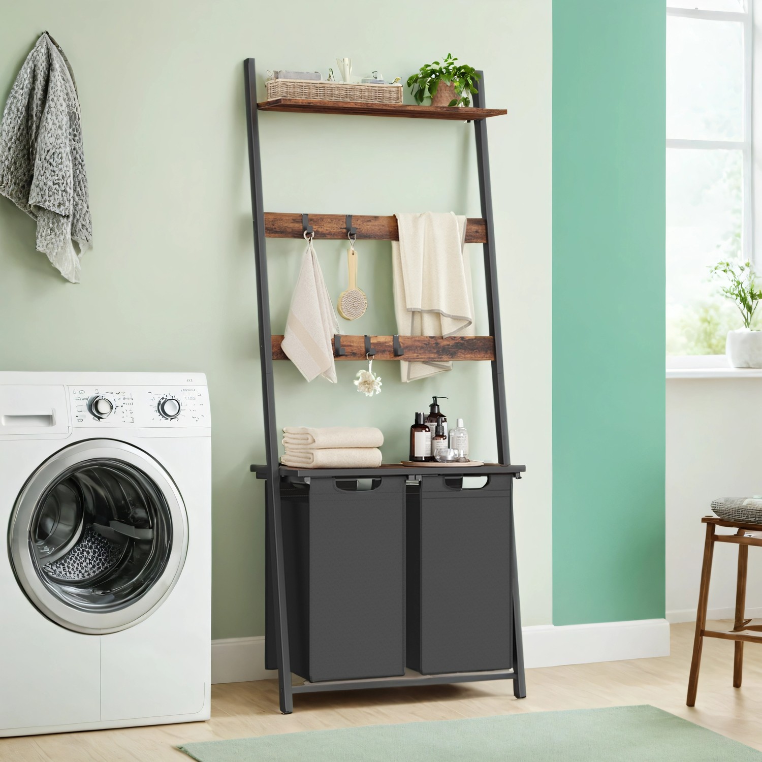 2-Compartment Laundry Basket, Pull-Out Bags, Blanket Ladder