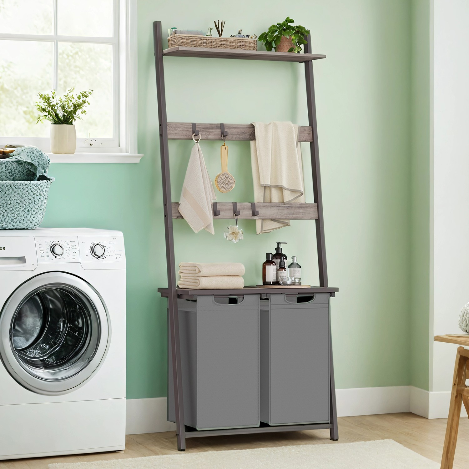 2-Compartment Laundry Basket, Pull-Out Bags, Blanket Ladder