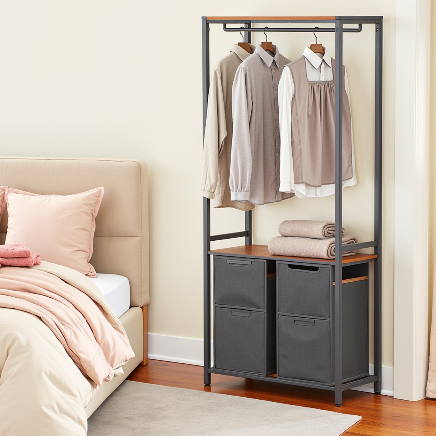 2-Compartment Laundry Basket withShelves, Pull-Out Bags, Clothes Rail 2-Compartment Laundry Basket withShelves, Pull-Out Bags, Clothes Rail