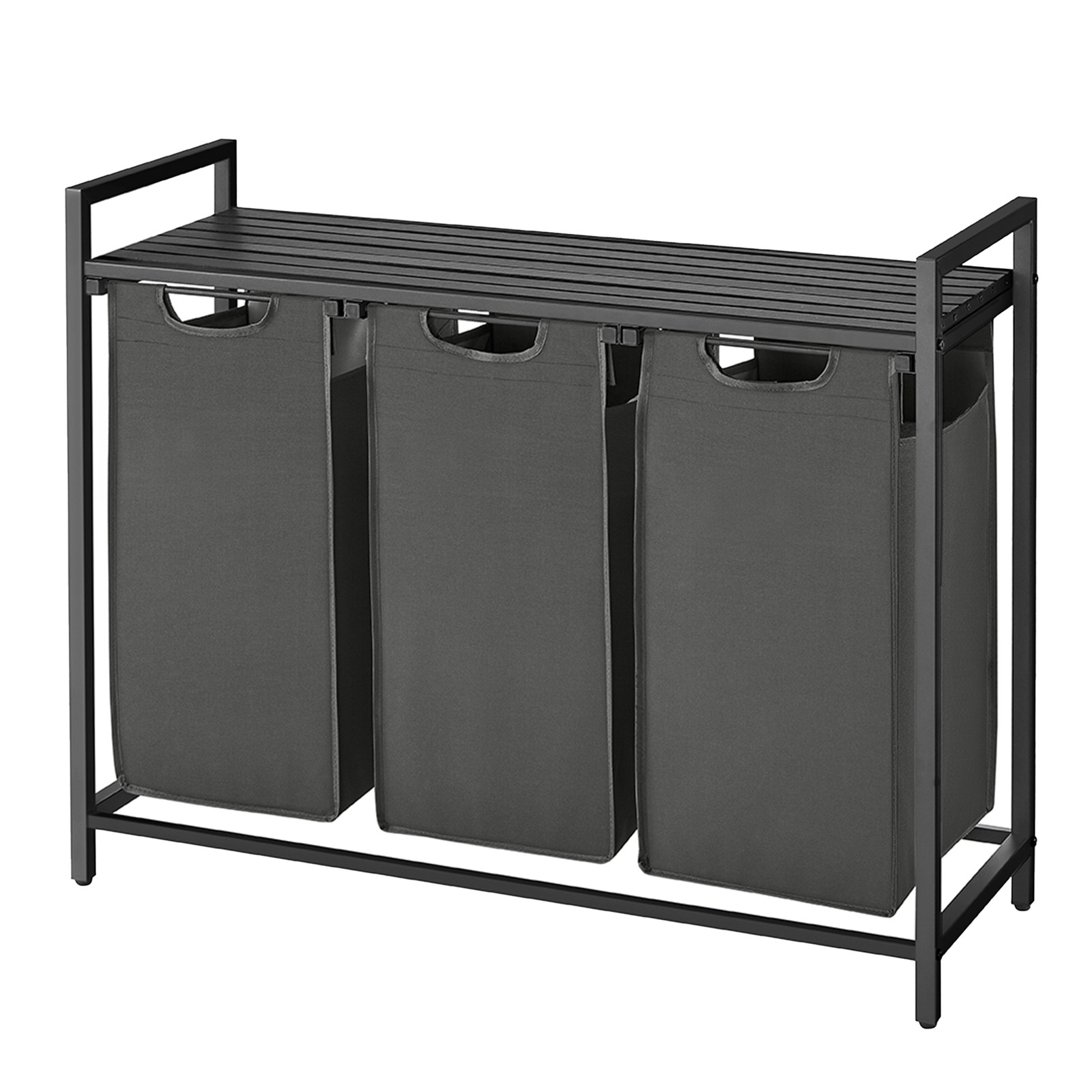 3-Section Laundry Hamper with Removable Bags, Laundry Basket with Shelf for Bedroom, 3 x 38 L, Black and Grey