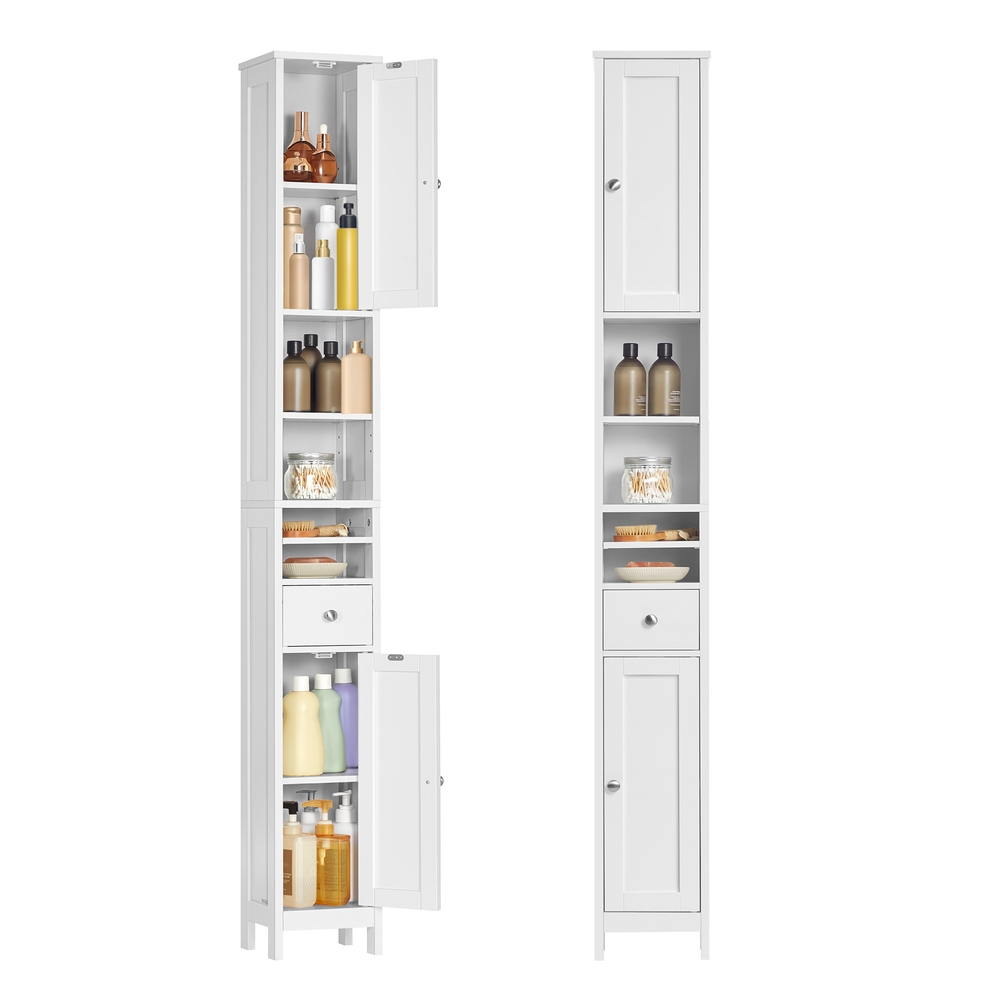 Slim Freestanding Bathroom Cabinet with Adjustable Shelves and Drawer Cloud White
