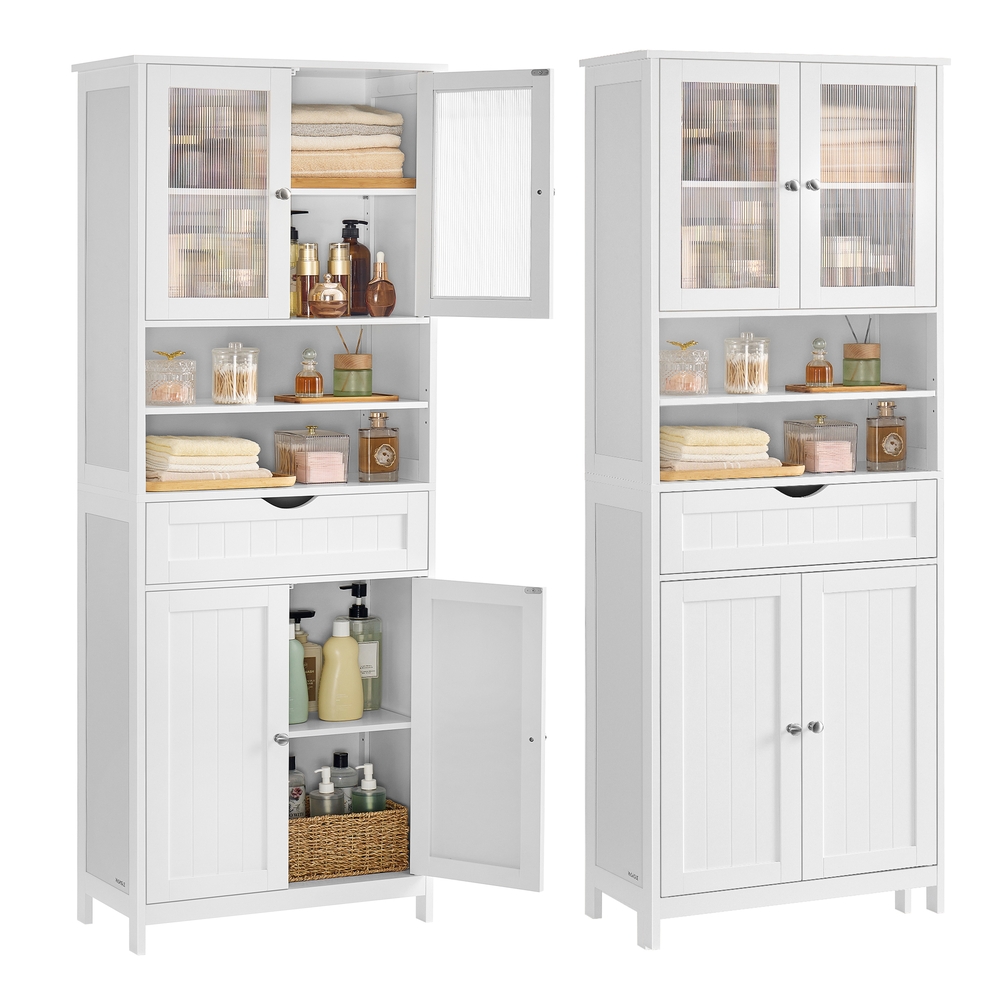 Freestanding storage cabinet with adjustable shelves and drawer