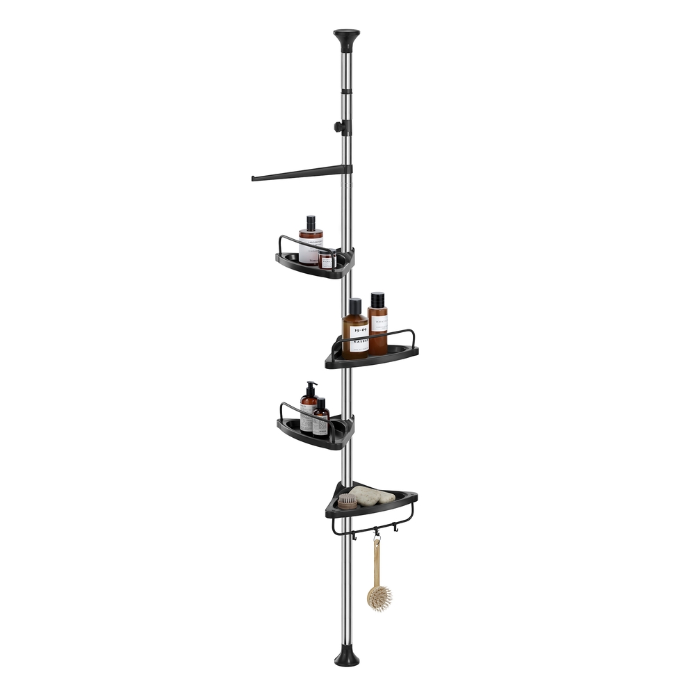 Adjustable Shower Caddy – Stainless Steel Corner Shelf with 4 Tiers, 3 Hooks & Towel Bar for Bathroom, Silver & Black