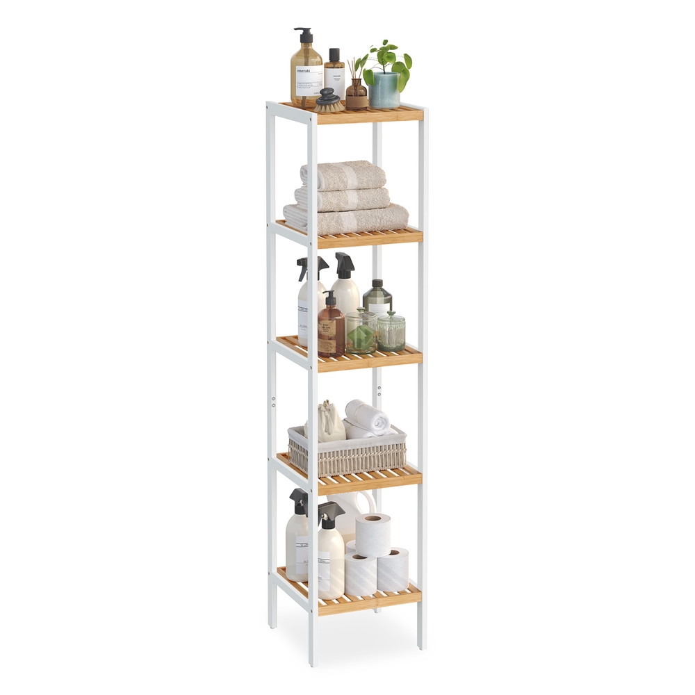 5-Tier Bamboo Bathroom Shelf Cloud White and Natural Beige