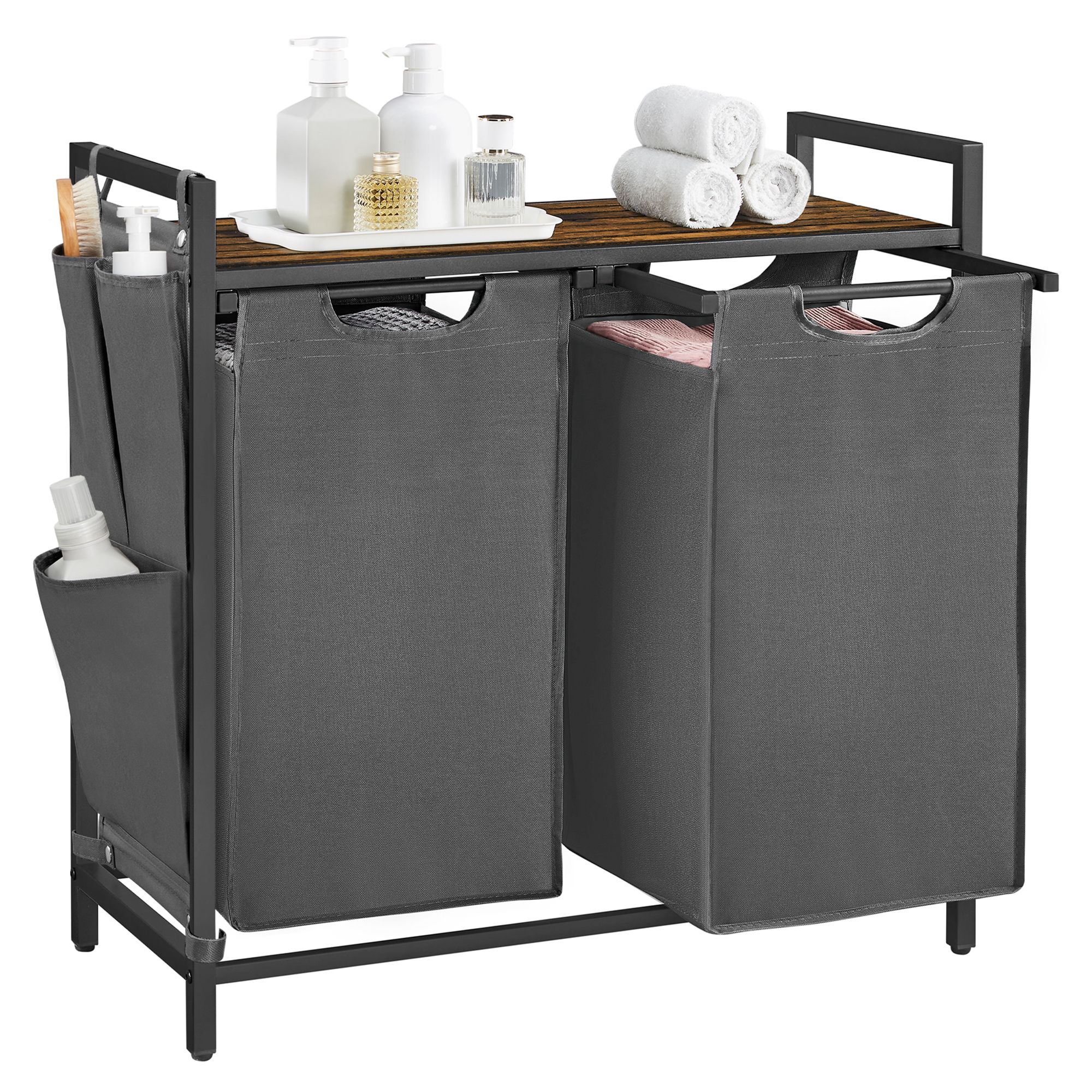 2 compartment laundry basket with pull out bags and shelf