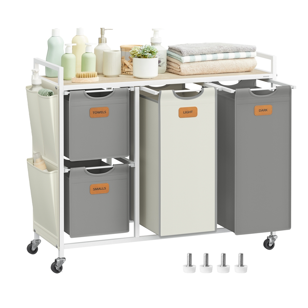 150 L  Laundry Hamper with 4 Compartments, Dove Grey and Cream White