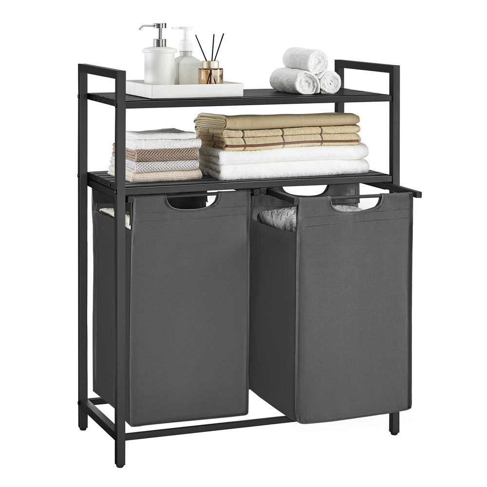 2 x 46L Laundry Basket with 2 Shelves Black and Grey 2 x 46L Laundry Basket with 2 Shelves Black and Grey