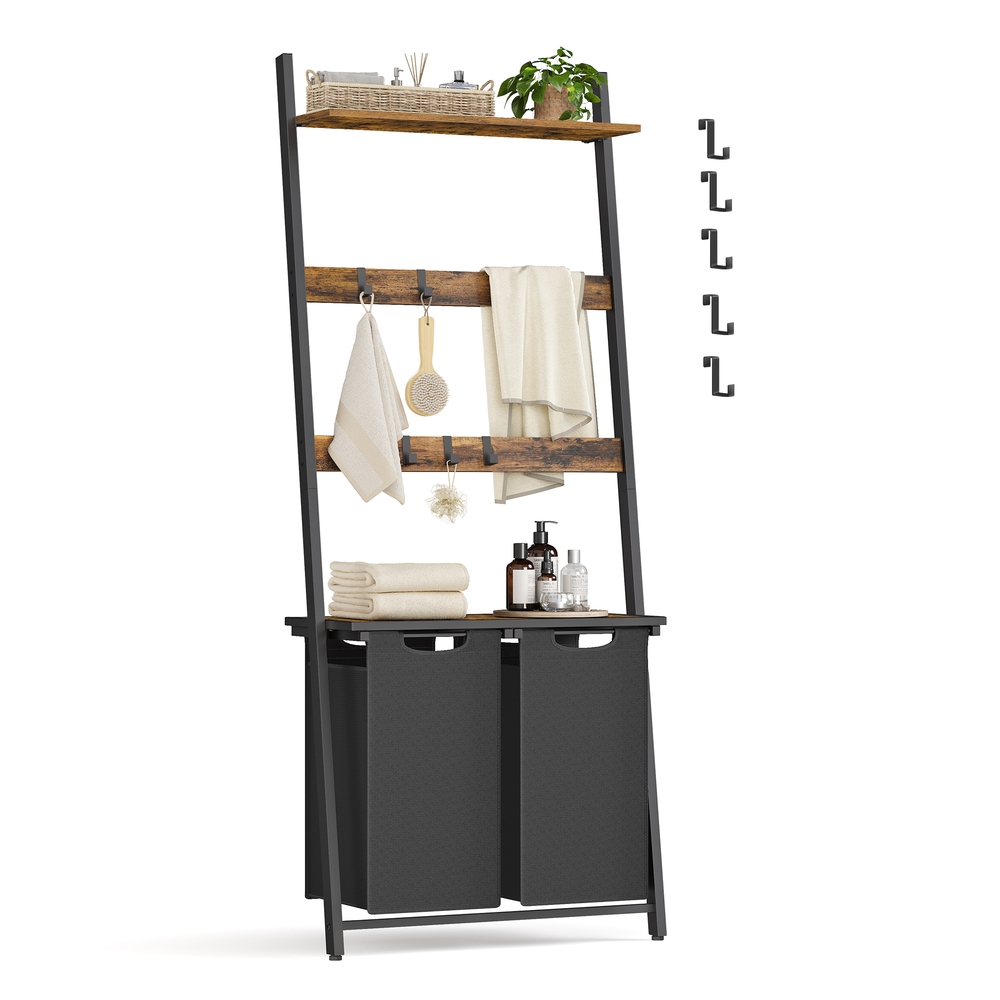 Laundry Basket with Blanket Ladder Rustic Brown and Ink Black