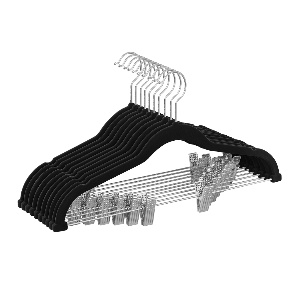 Set of 10 Velvet Hangers with Adjustable Clips Black