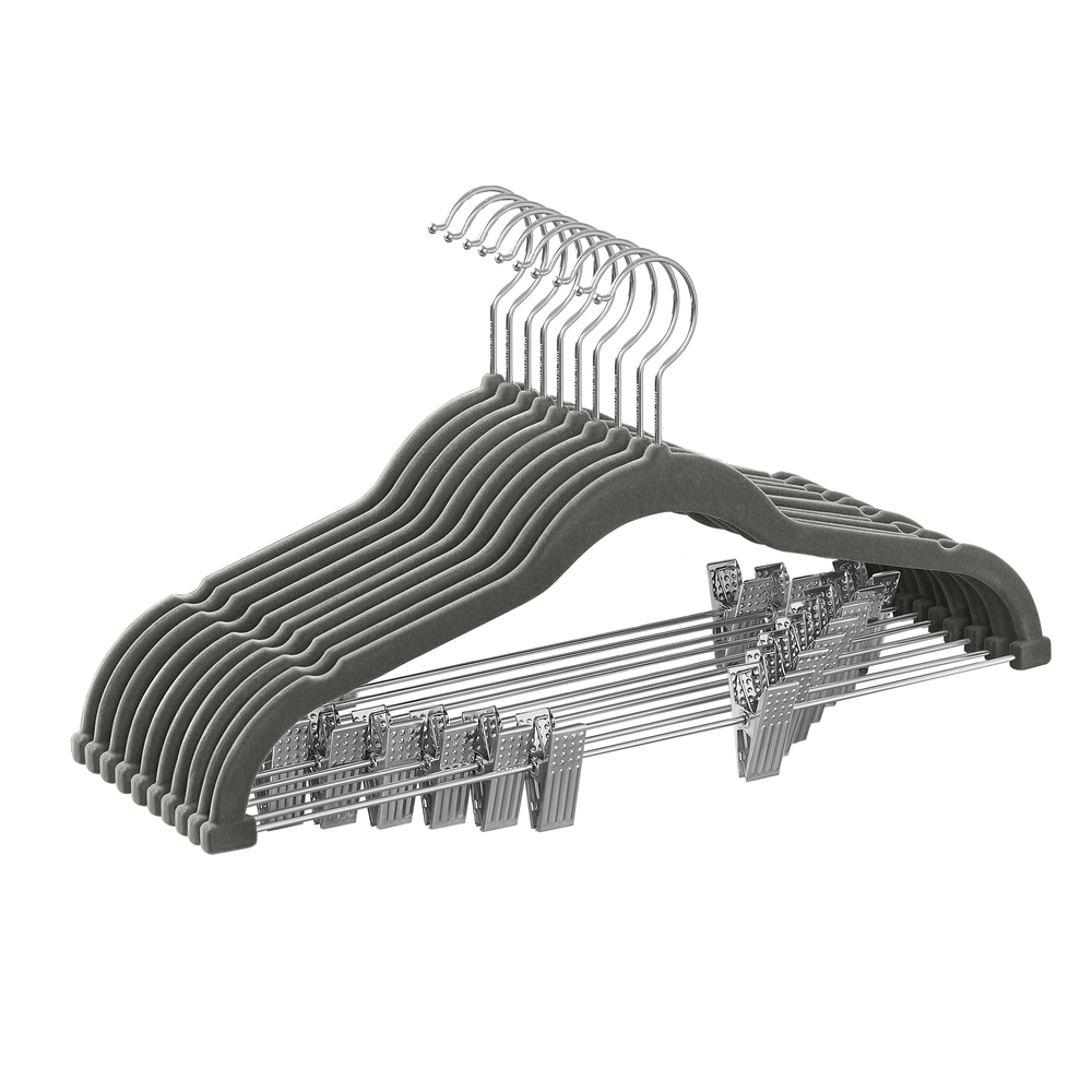 Set of 10 Velvet Hangers with Adjustable Clips Grey