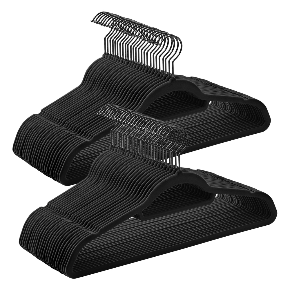 Set of 50 Velvet Coat Hangers with Tie Bar Ink Black