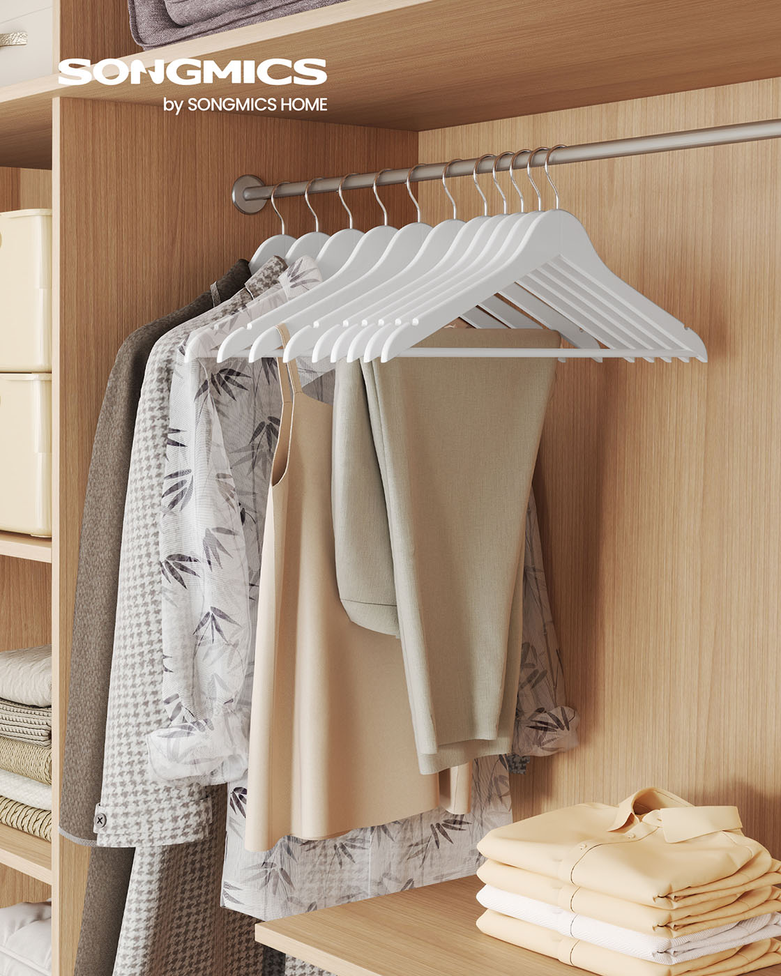 Wooden Hangers Pack of 20 Pants Bar 360° Swivel Hooks Cloud White
