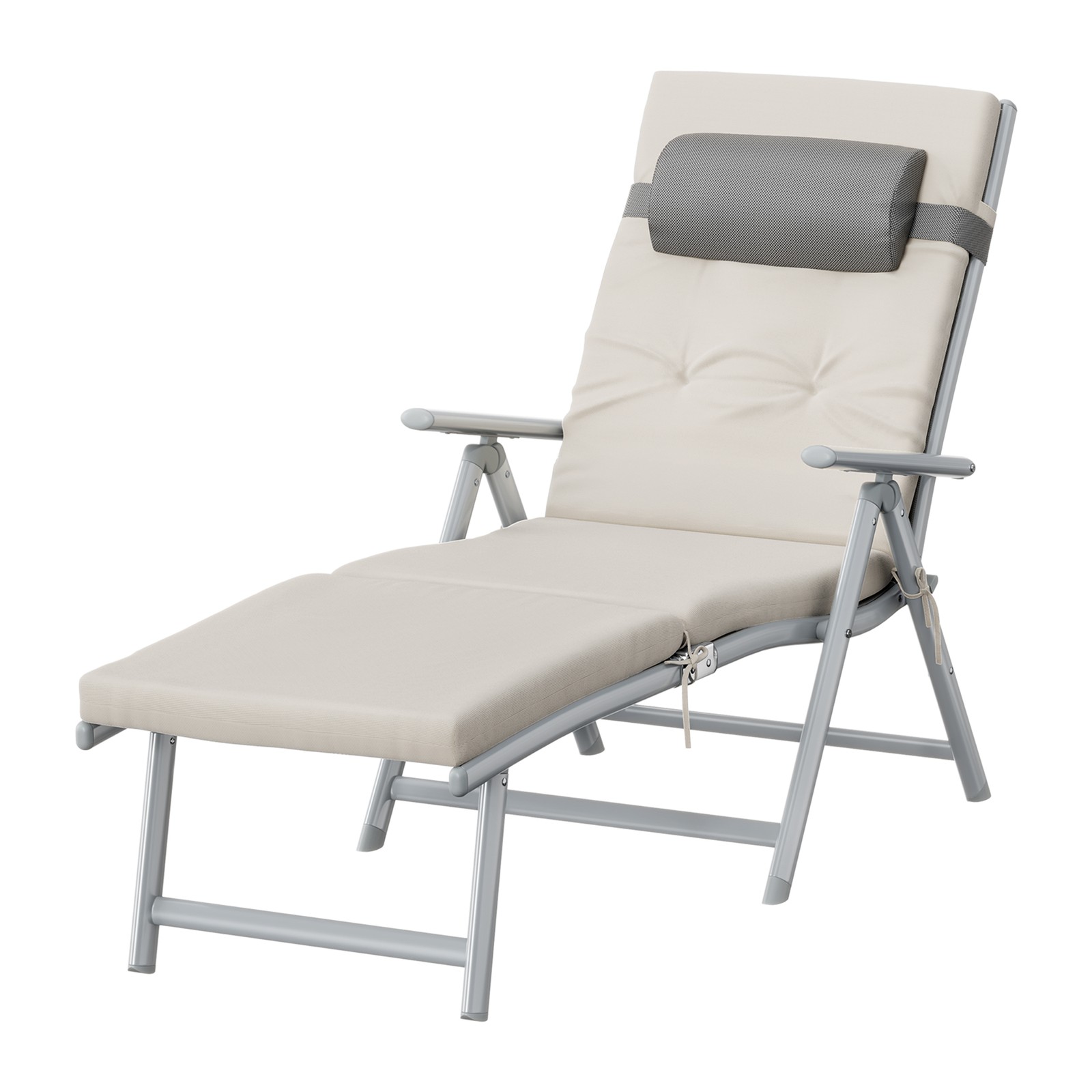 Folding Outdoor Sun Lounger with Adjustable Backrest, Breathable Fabric and Removable Head Pillow Folding Outdoor Sun Lounger with Adjustable Backrest, Breathable Fabric and Removable Head Pillow