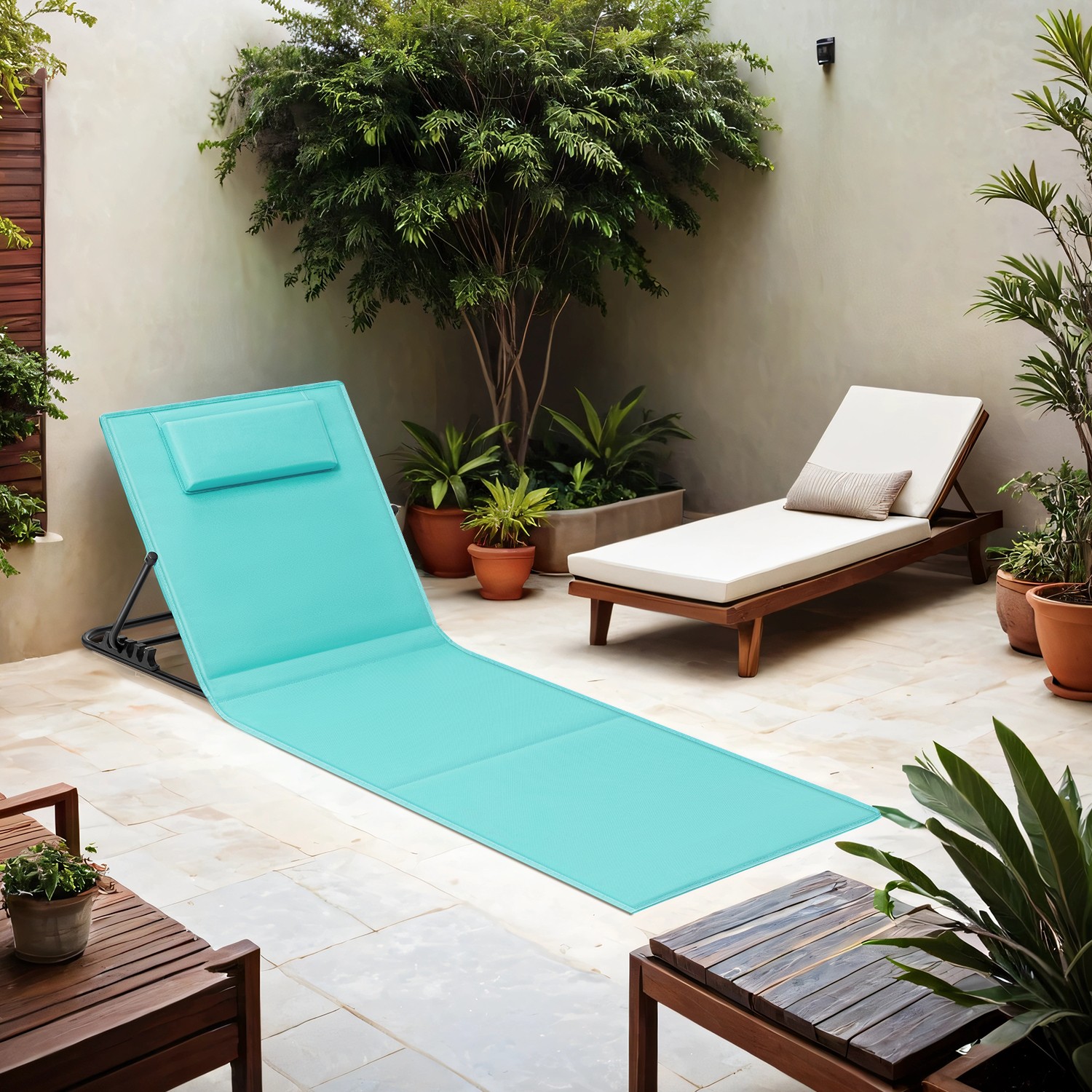 Folding Beach Sunlounger, Beach Chair Mat, Reclining Backrest