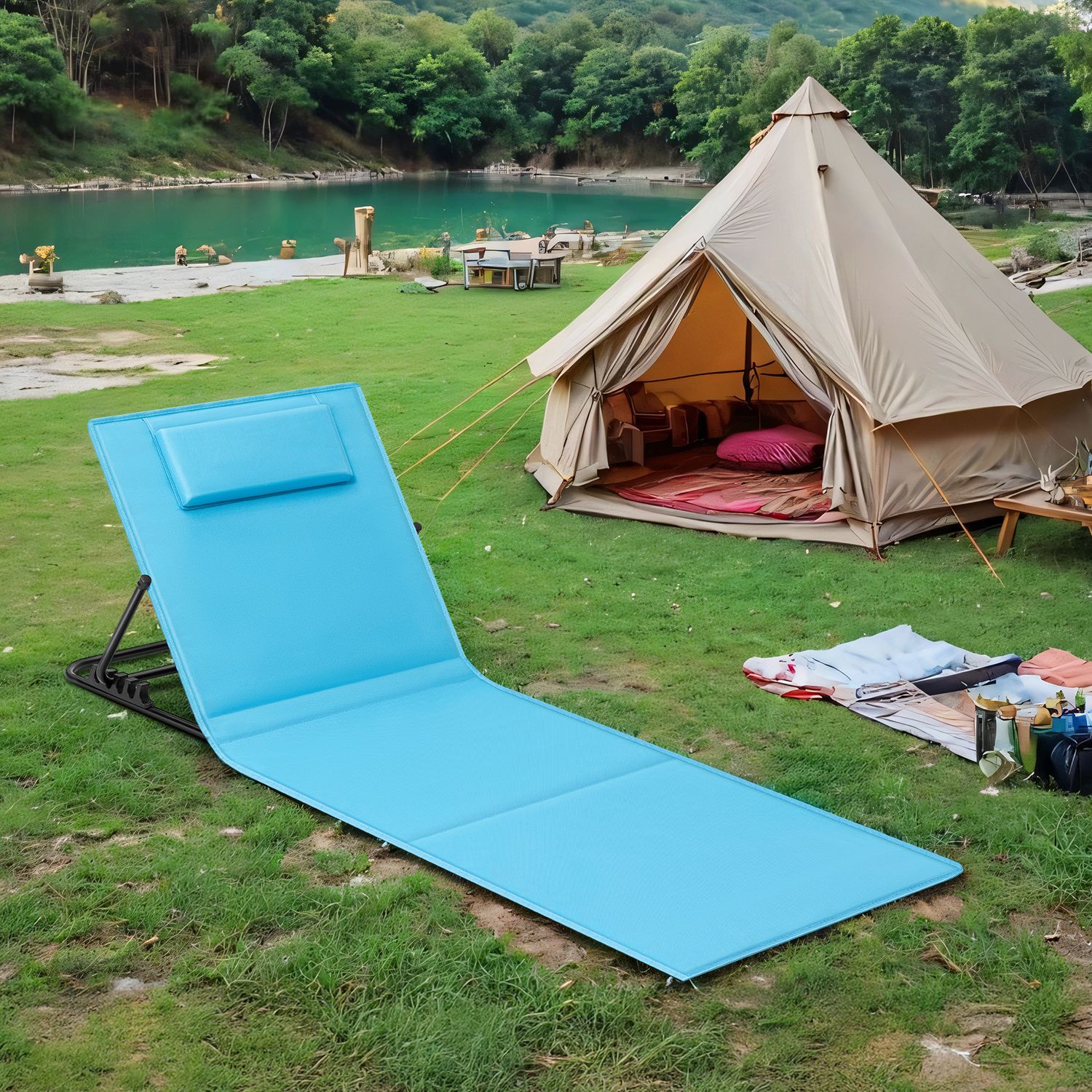 Set of 2 Folding Beach Sunloungers, Beach Chairs Mats, Reclining Backrest Set of 2 Folding Beach Sunloungers, Beach Chairs Mats, Reclining Backrest