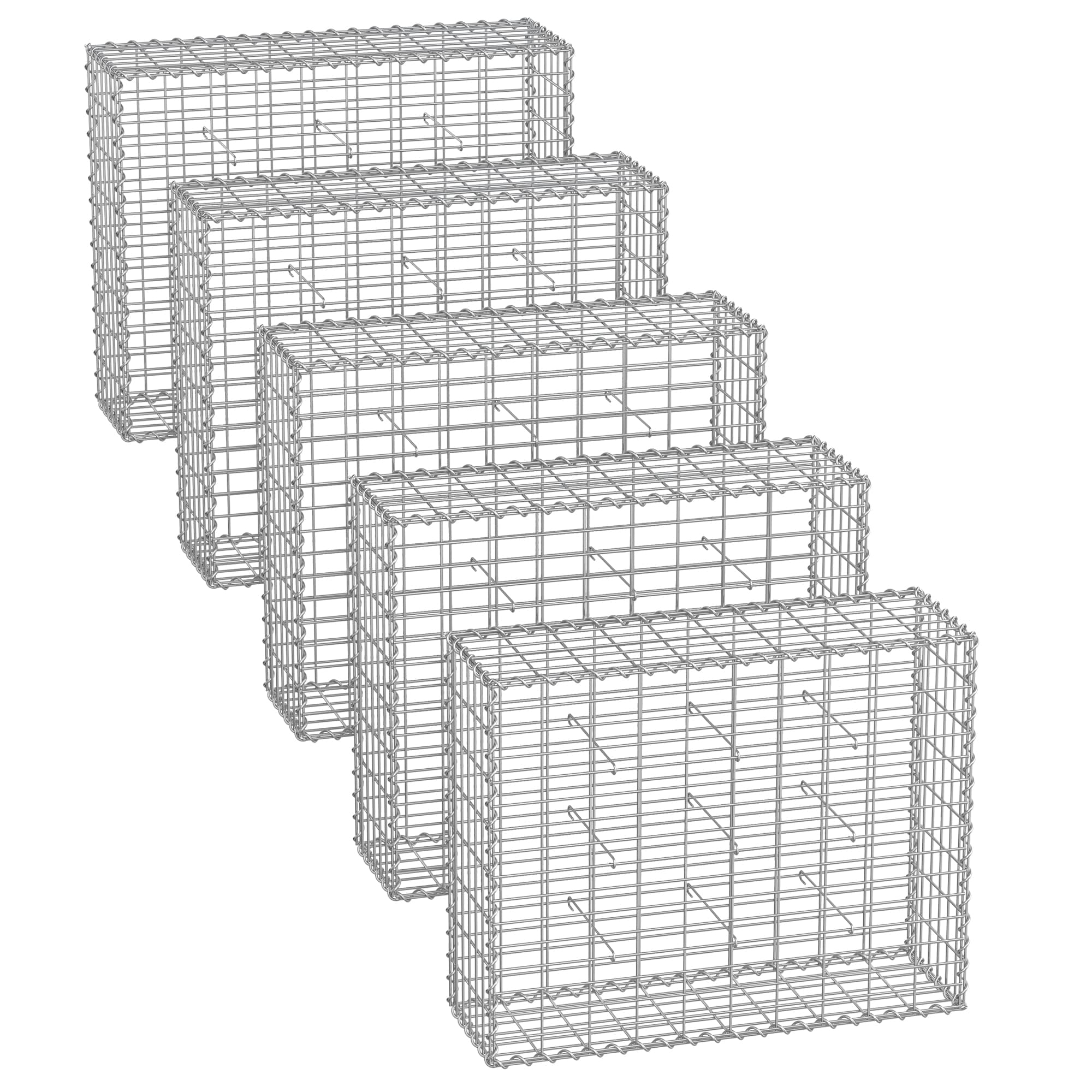 Gabions, Metal Gabion Cage Basket with 5 x 10 cm Mesh for Stones, 100 x 80 x 30 cm, set of 5