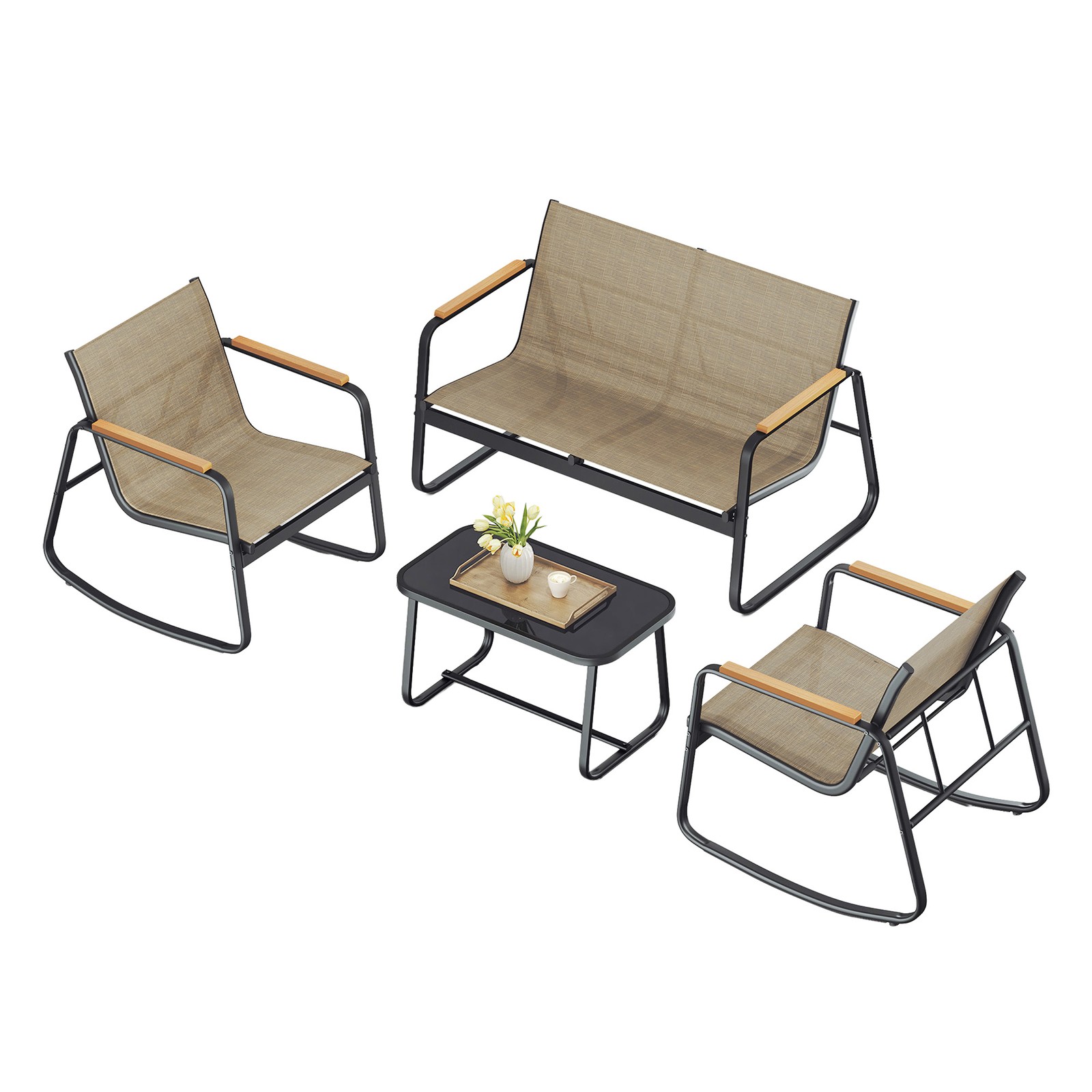 Outdoor Patio Set, Steel Loveseat and 2 Rocking Chairs with Table
