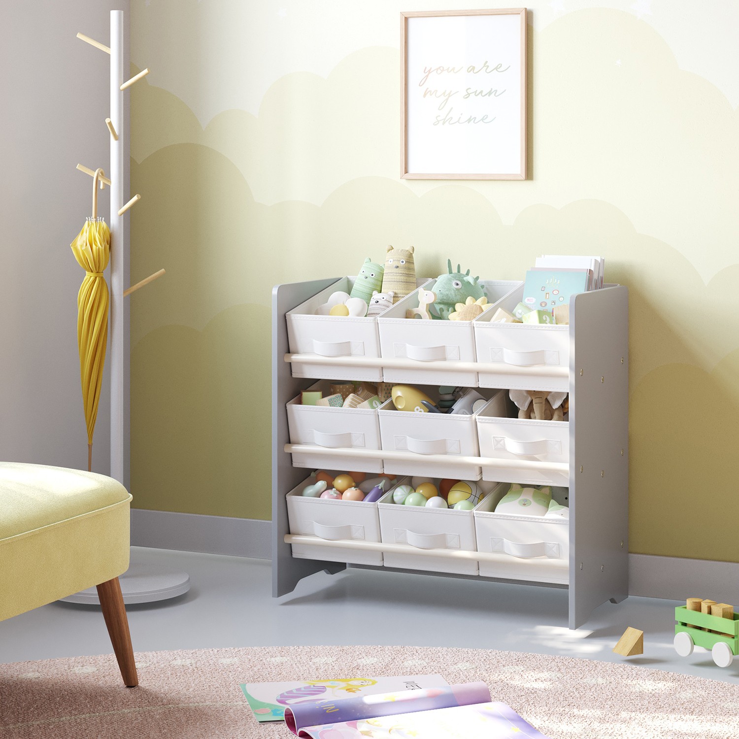 Toy Organiser, Kid Toy Shelf with 9 Non-Woven Fabric Boxes, for Children’s Room and Playroom Toy Organiser, Kid Toy Shelf with 9 Non-Woven Fabric Boxes, for Children’s Room and Playroom