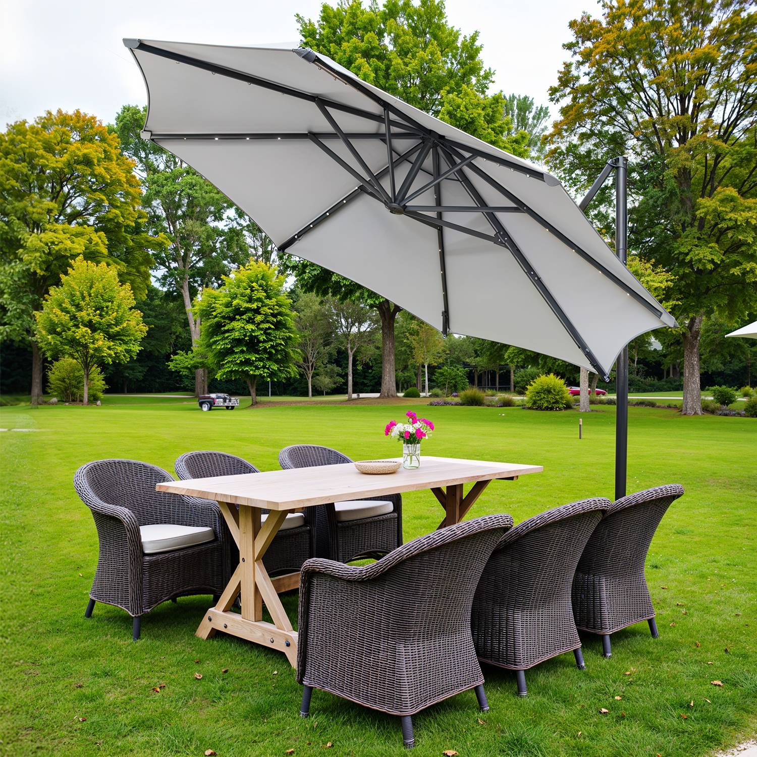 Patio Parasol 3 m, UPF 50+ Garden Parasol with 28 Solar Powered LED Lights, for Outdoor Terrace