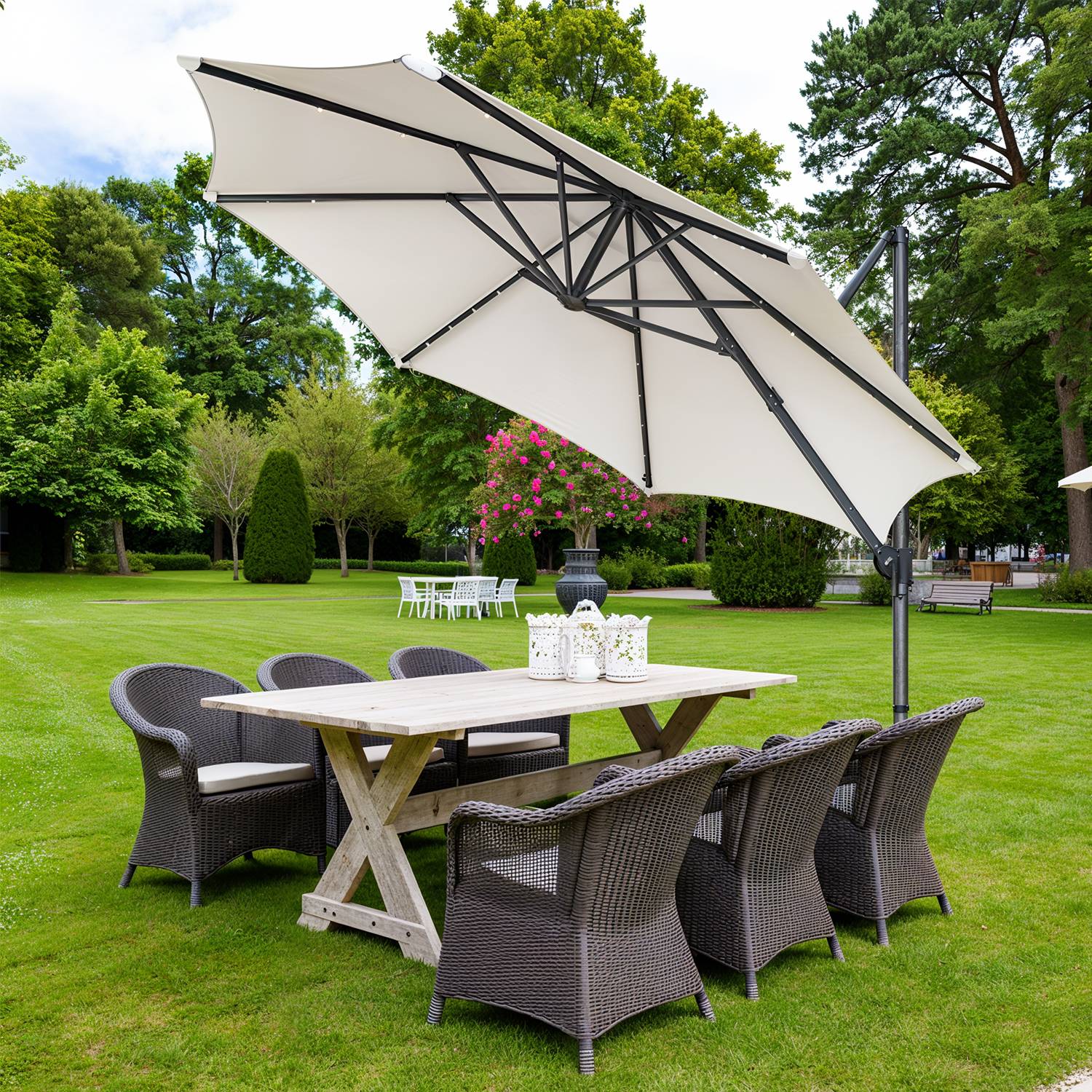 Patio Parasol 3 m, UPF 50+ Garden Parasol with 28 Solar Powered LED Lights, for Outdoor Terrace Patio Parasol 3 m, UPF 50+ Garden Parasol with 28 Solar Powered LED Lights, for Outdoor Terrace