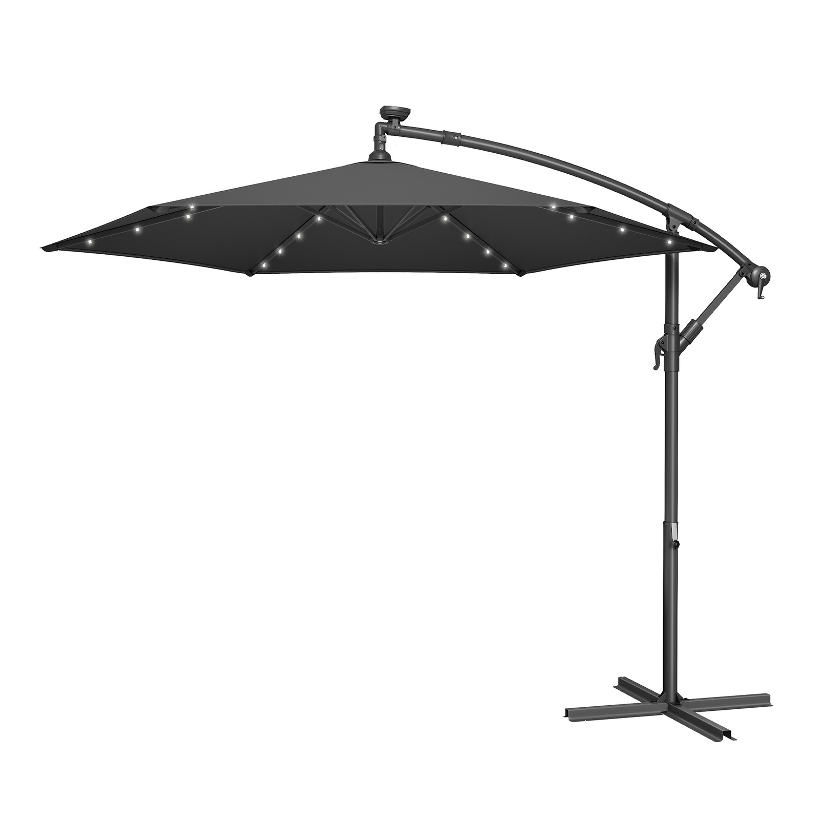 Patio Parasol, 3 m Cantilever Garden Parasol with 32 Solar-Powered LED Lights and Base, UPF 50+ Sun Protection