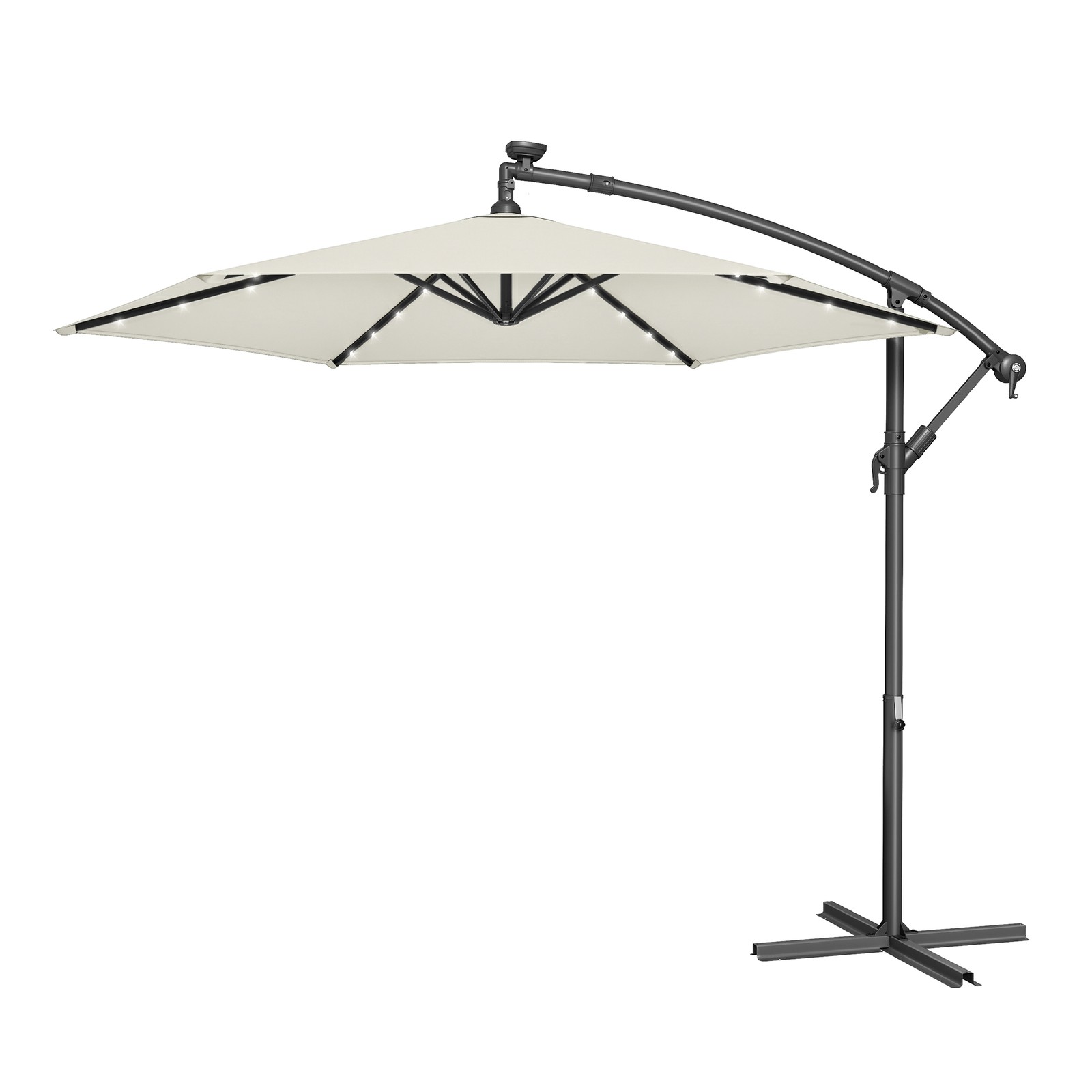 Patio Parasol, 3 m Cantilever Garden Parasol with 32 Solar-Powered LED Lights and Base, UPF 50+ Sun Protection