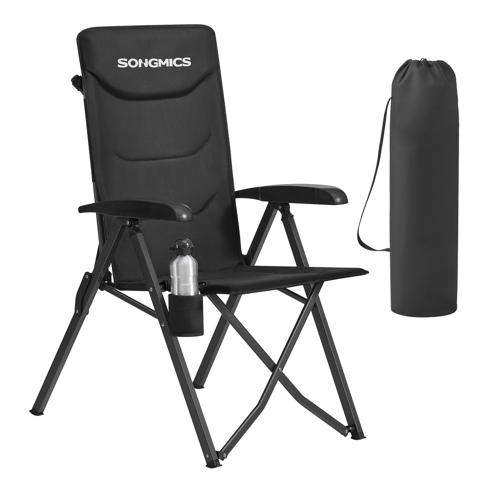 Reclining Camping Chair with Padded Seat and Cup Holder Black