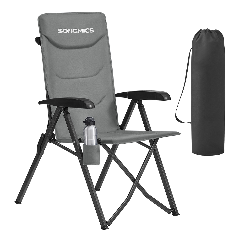 Reclining Camping Chair with Padded Seat and Cup Holder Grey Reclining Camping Chair with Padded Seat and Cup Holder Grey