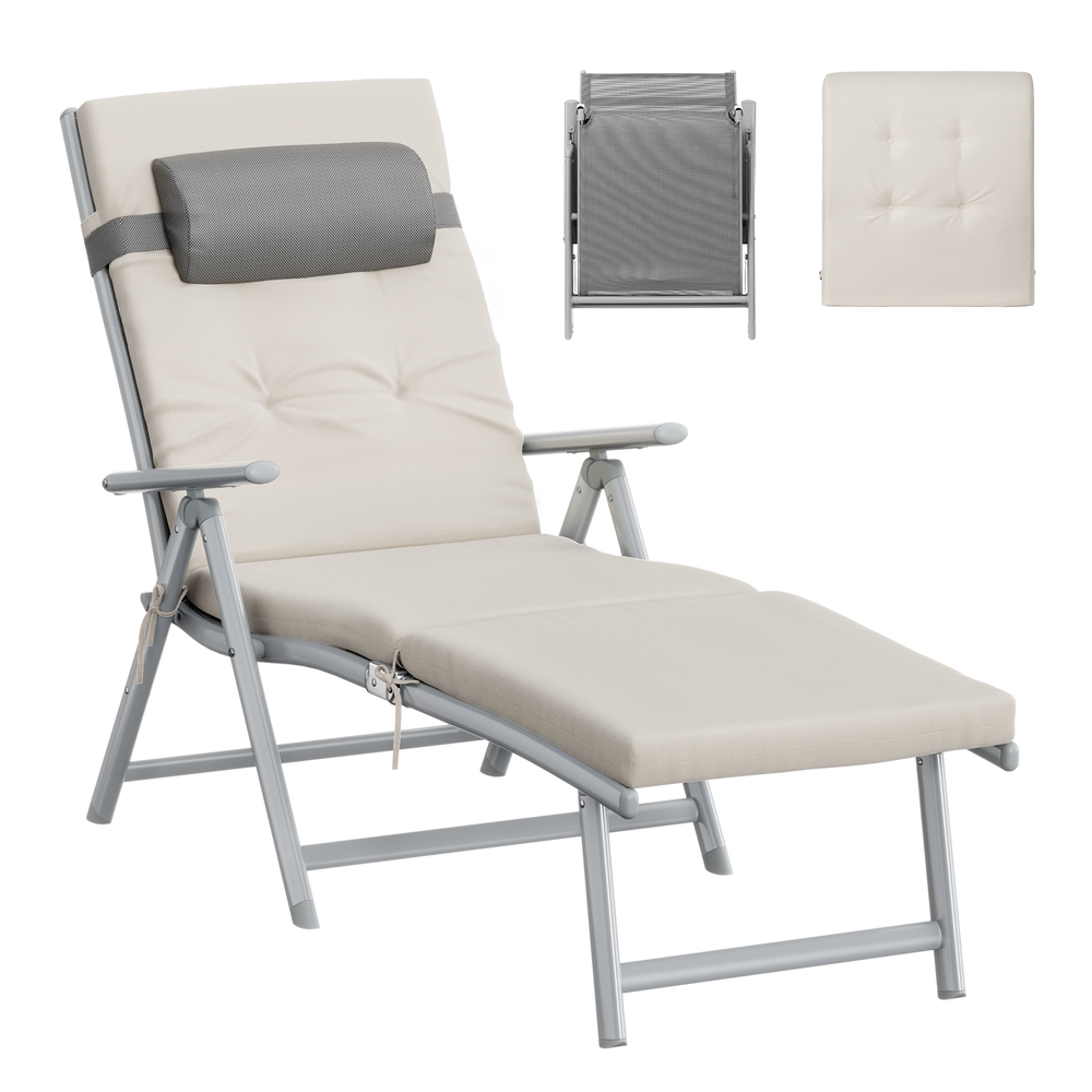 Foldable Sun Lounger with 6 cm Mattress and Adjustable Backrest Sand Beige