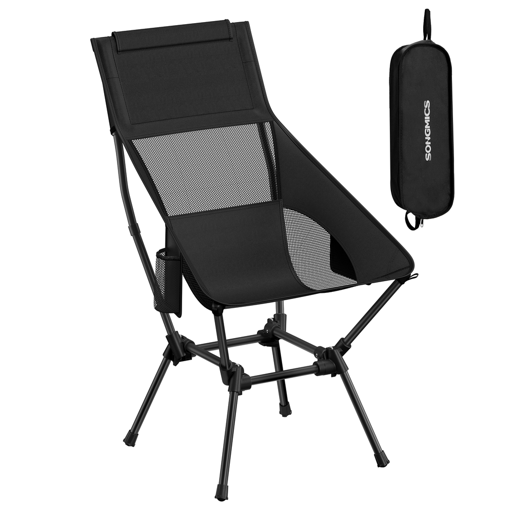 High Back Camping Chair Adjustable Height 2 Pockets Black High Back Camping Chair Adjustable Height 2 Pockets Black