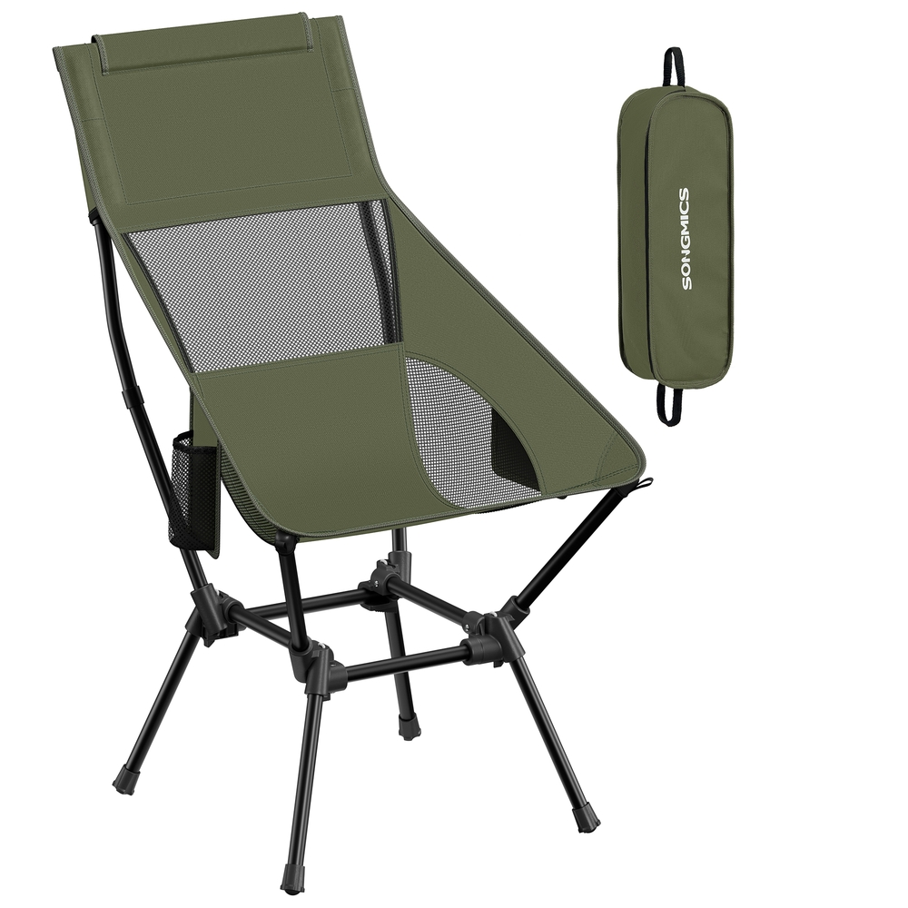 High Back Camping Chair Adjustable Height 2 Pockets Green High Back Camping Chair Adjustable Height 2 Pockets Green
