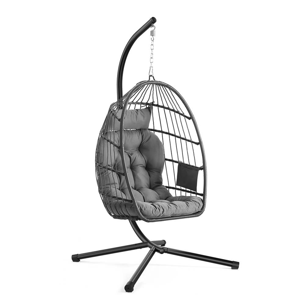 Outdoor Hanging Egg Chair with Foldable Basket and Cushion Grey
