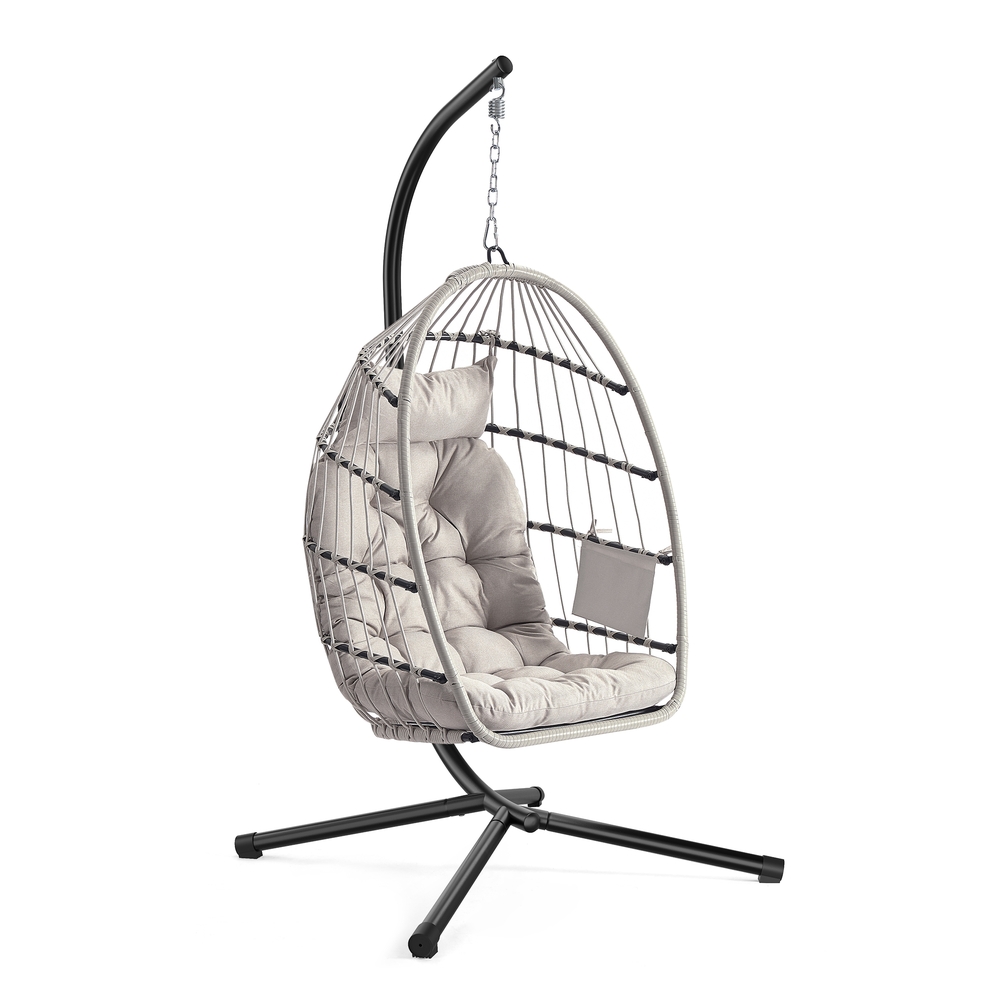 Outdoor Hanging Egg Chair with Foldable Basket and Cushion White